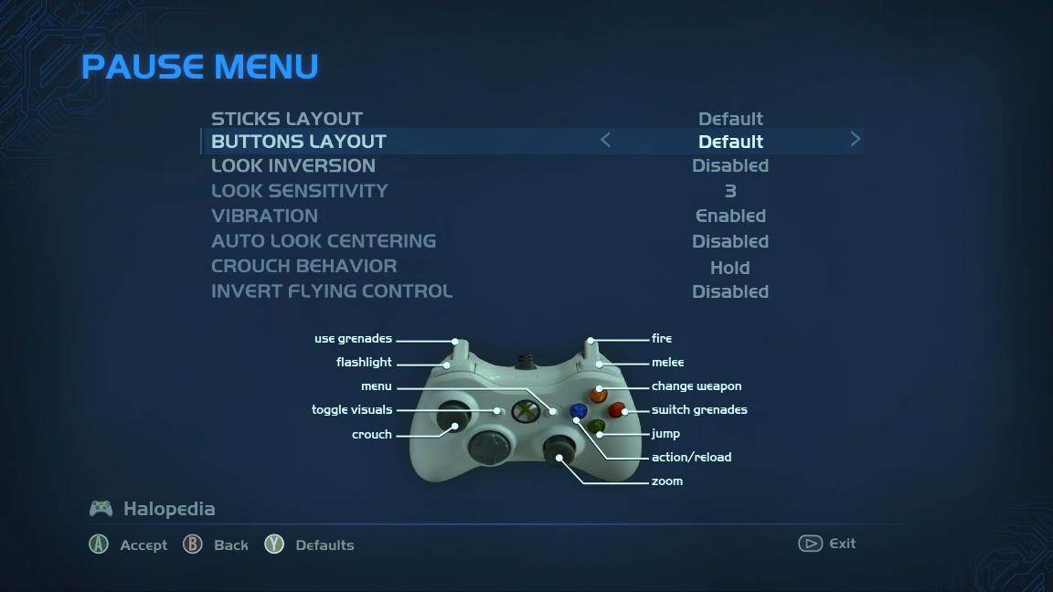 A screenshot of "Buttons Layout" set to "Default" in the Halo: Combat Evolved Anniversary settings menu.Behind the game pause menu is pitch black.Note: The screenshot was taken from the emulator Xenia.