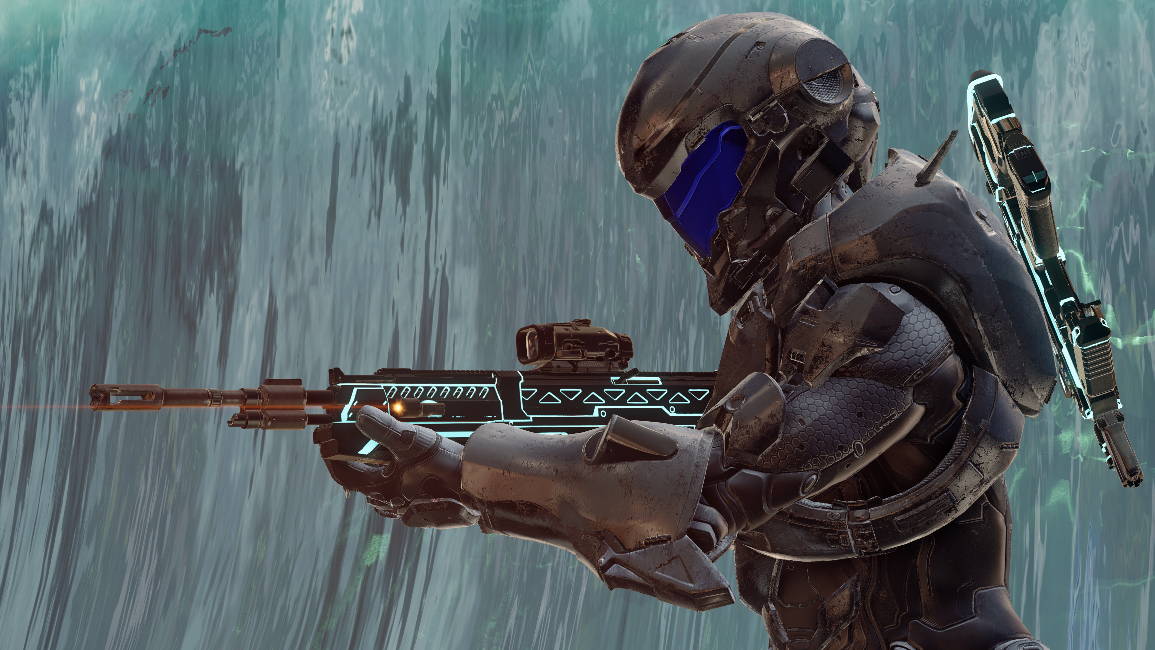 A Copperhead-clad Spartan IV with a Sentinel M395 DMR on Halo 5: Guardians multiplayer map Escape from ARC.