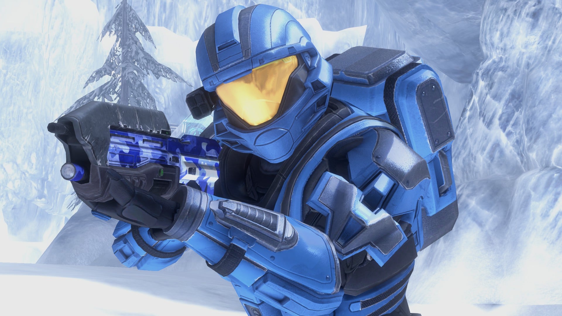 In the Halo 3 multiplayer map Avalanche, a Spartan-II, clad in the ODST armor/TAC variant, is wielding an MA5C assault rifle, which is employing the Sapphire Raven skin introduced in Series 6: Raven from Halo: The Master Chief Collection.
