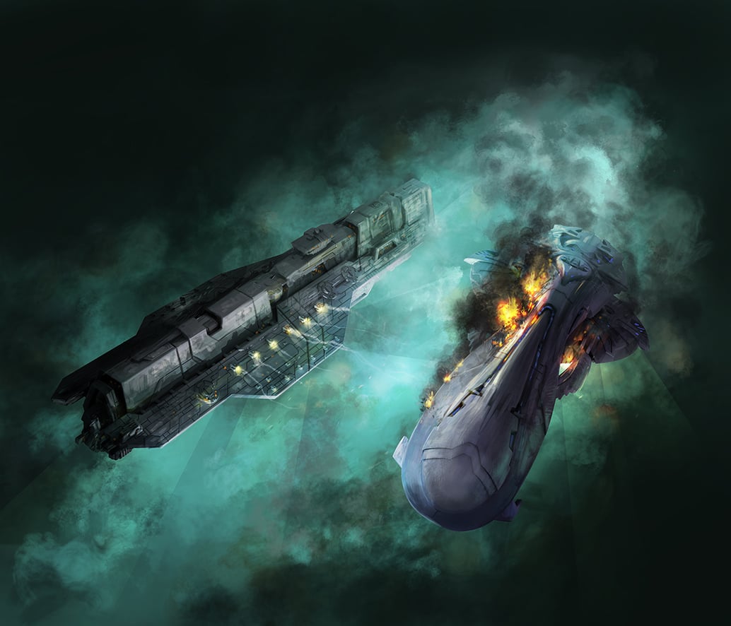 Concept cover art for Halo: Fleet Battles depicting an Epoch-class heavy carrier and a Varric-pattern heavy cruiser engaged in a brawl.