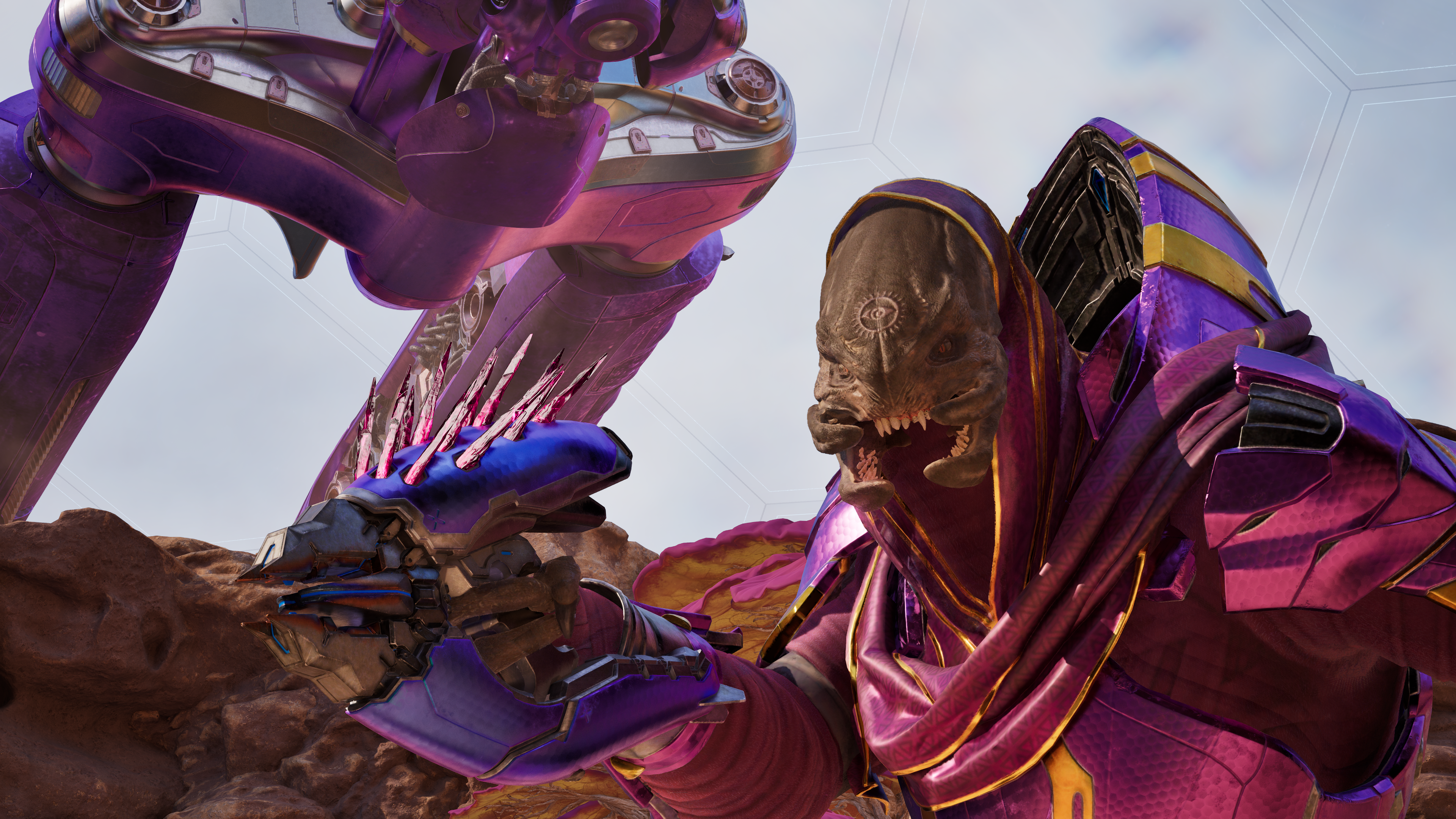A Sangheili Sacristan Sangheili Sanctum Cleric wielding a Posu'gelka-pattern needler in the habitat dome aboard the Triumph of Tolerance during Operation: METEORITE. Screenshot taken from Halo: Campaign Evolved campaign level The Most Dangerous Game.