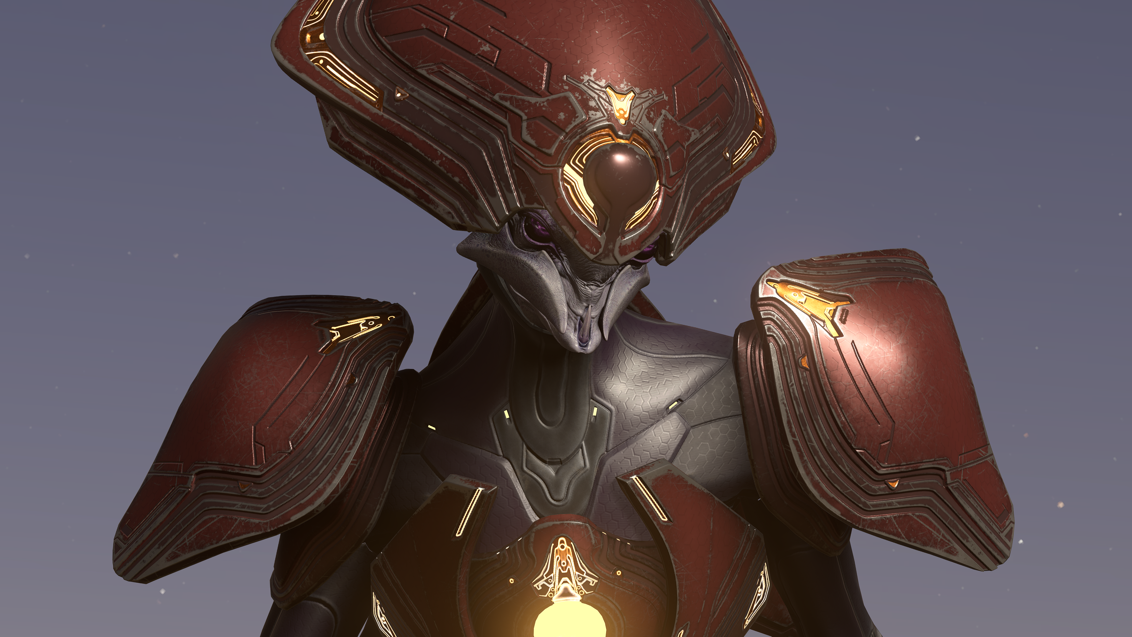 Close-up of the Harbinger with her shields down on Halo Infinite Forge canvas map Arid.