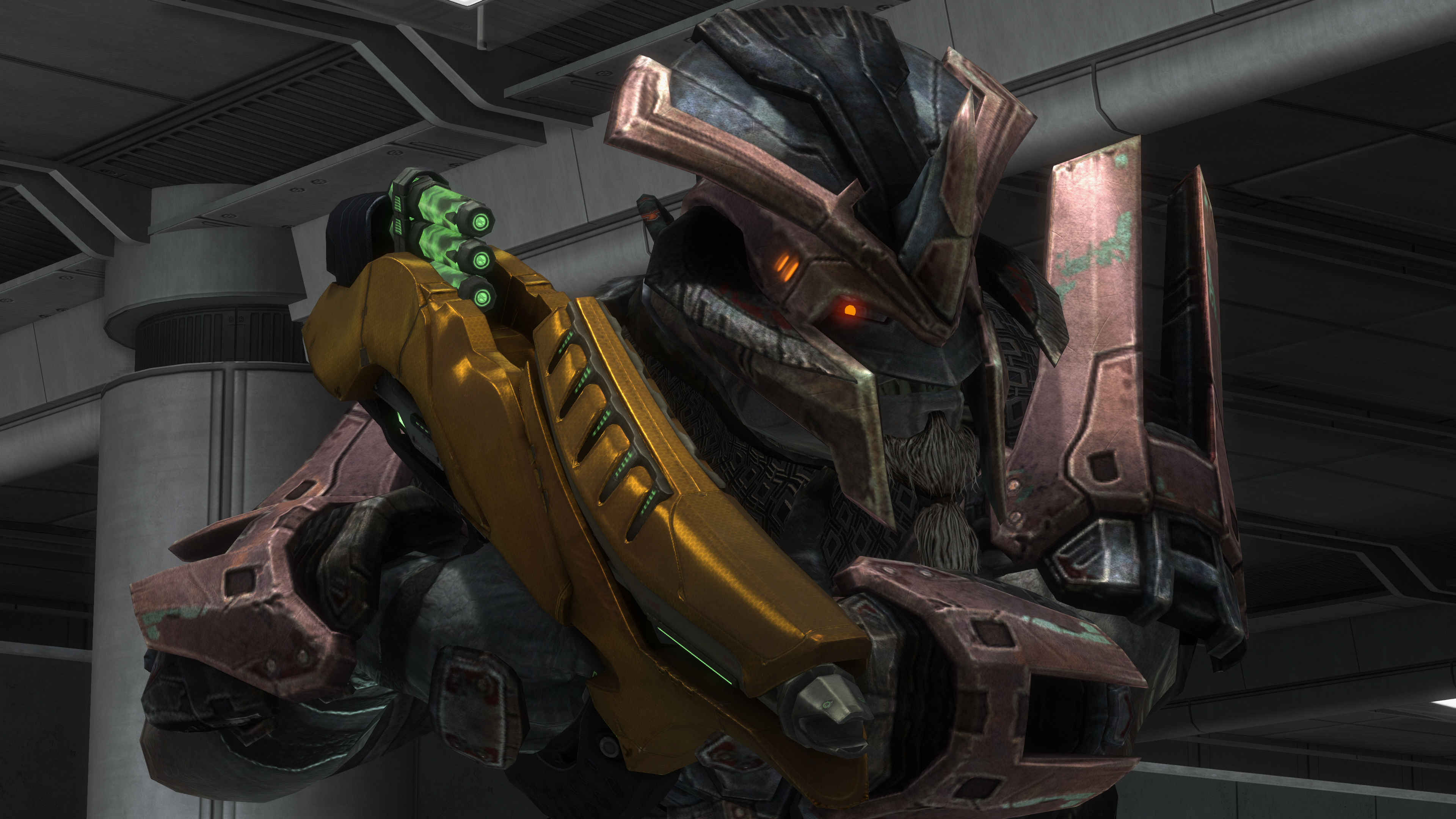 A Jiralhanae ChieftainChieftain with a Korva-pattern fuel rod gun during the Siege of New Alexandria. From Halo: Reach campaign level Exodus.