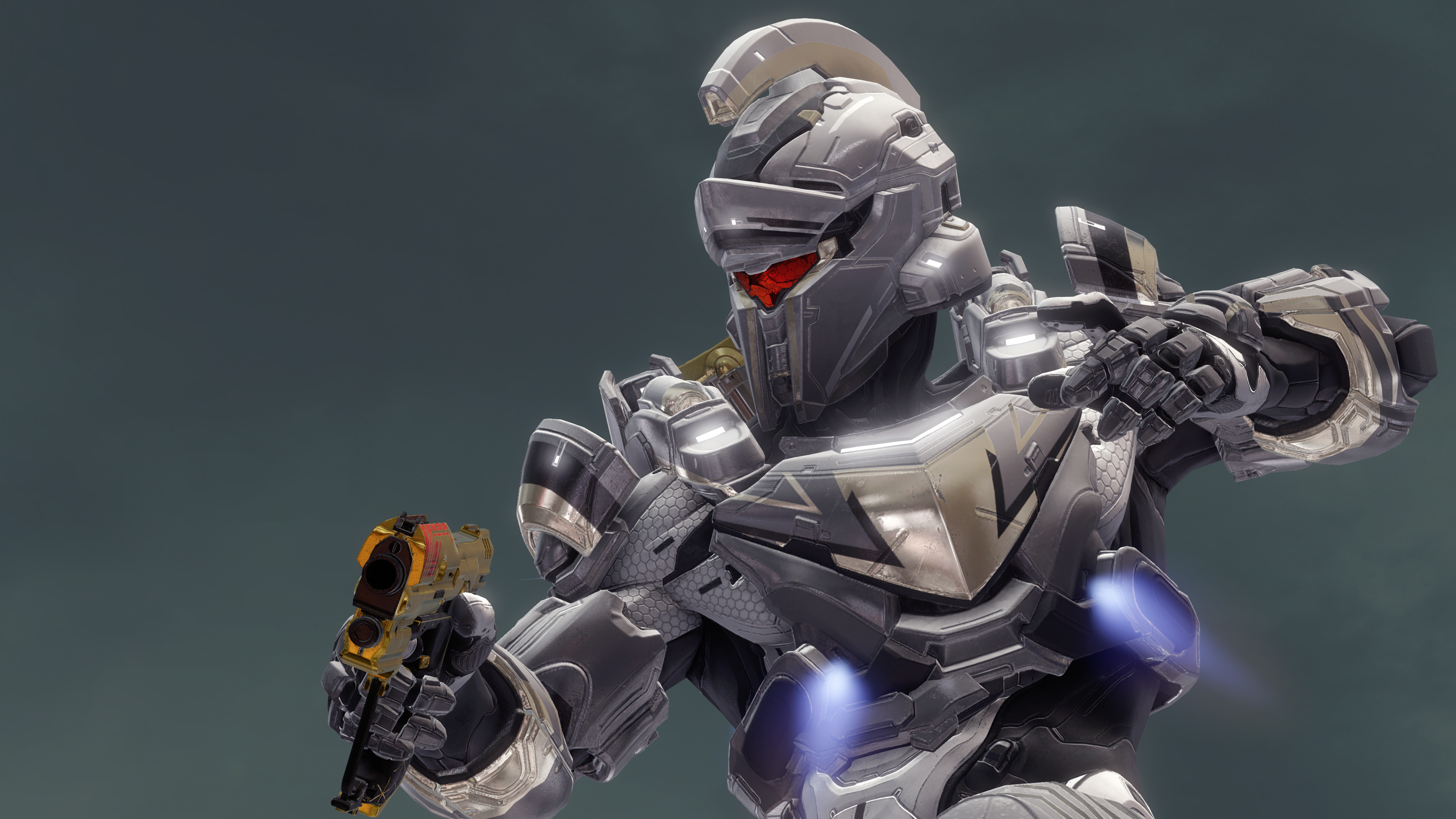 An Achilles-clad Spartan-IV with an M6H2 magnum on Halo 5: Guardians multiplayer map Prospect.
