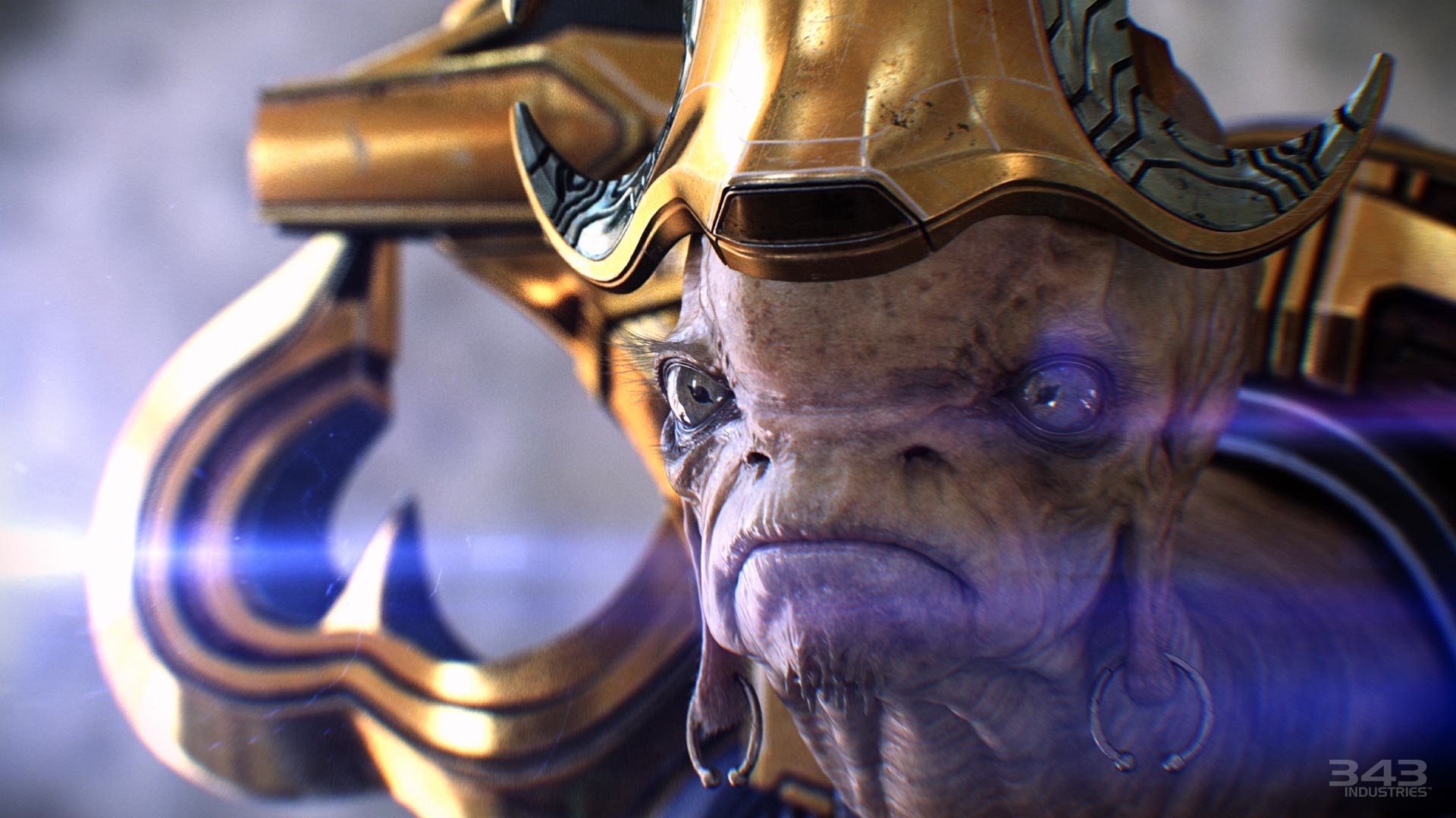 The High Prophet of Regret, a character with wrinkled and textured brownish skin, large black eyes, and a small mouth. He is wearing an elaborate gold and black helmet with curved horns on the sides. There is a shimmering, blueish light in the background which reflects off the helmet, adding to the futuristic aesthetic.