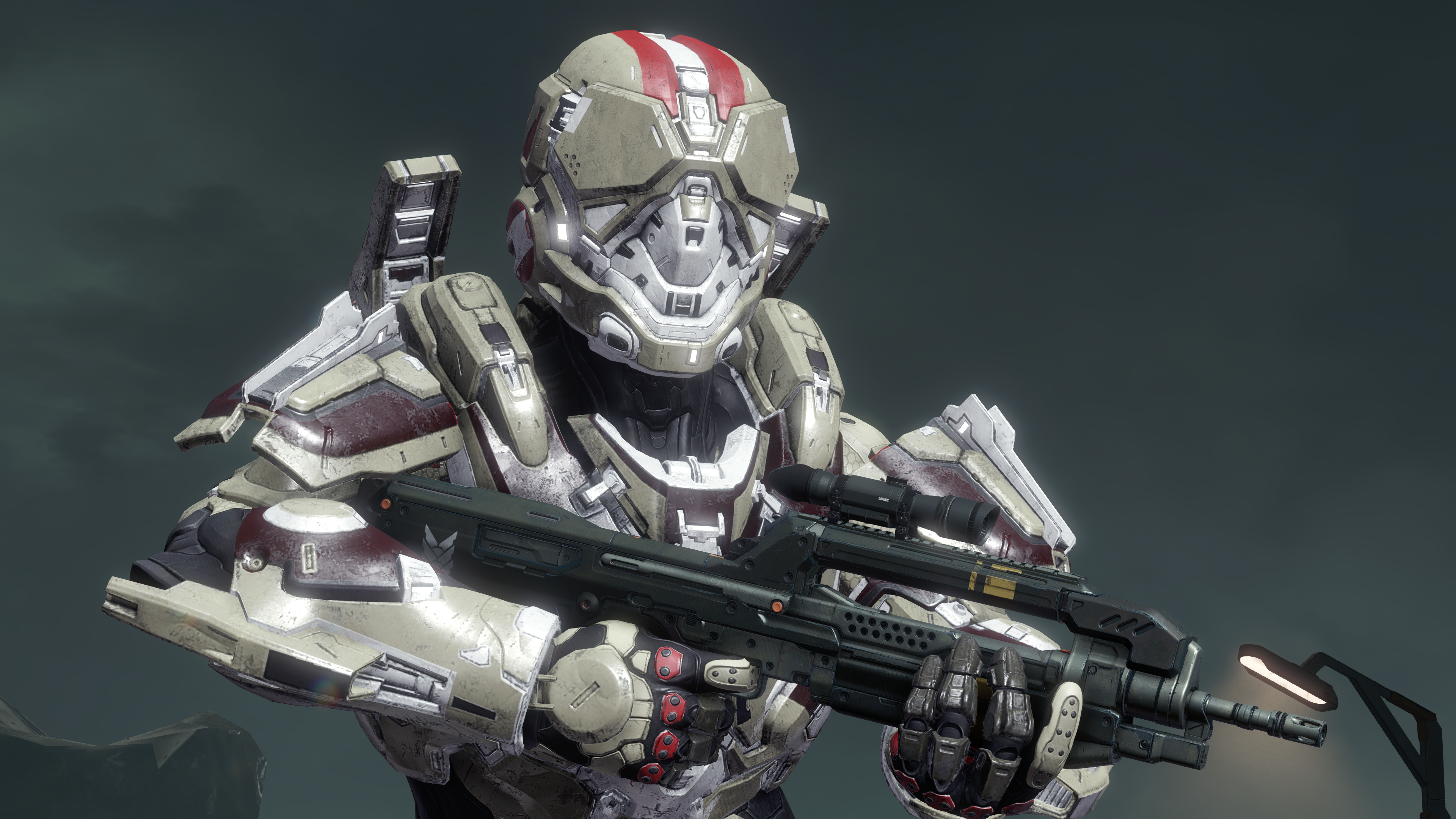 A Recluse-clad Spartan-IV with a Classic BR85 battle rifle on Halo 5: Guardians multiplayer map Prospect.
