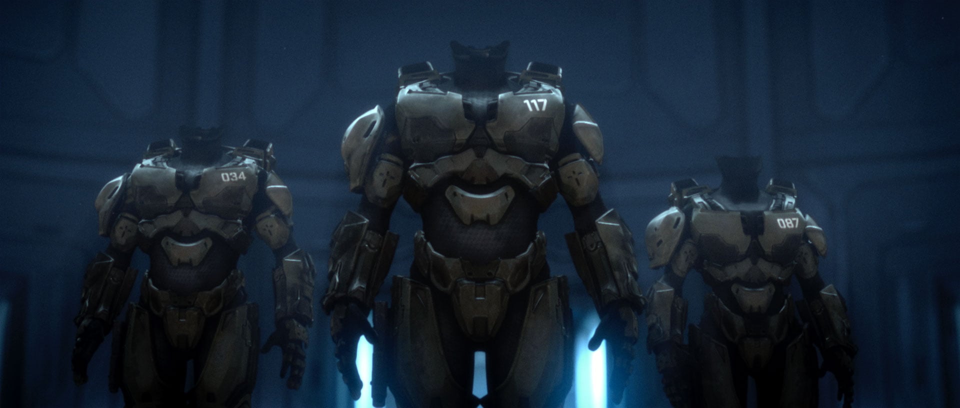 Three suits of MJOLNIR Mark IV at the Damascus Materials Testing Facility in Halo: The Fall of Reach - The Animated Series.