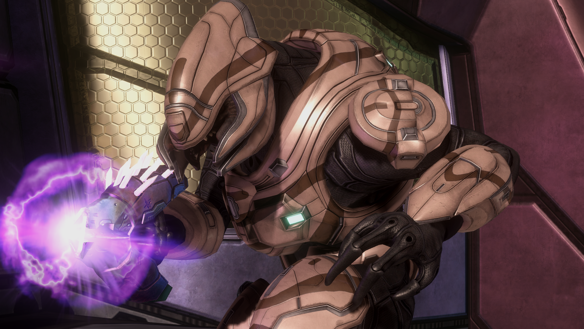 An Artisan-clad Sangheili wielding a needler on Assembly.