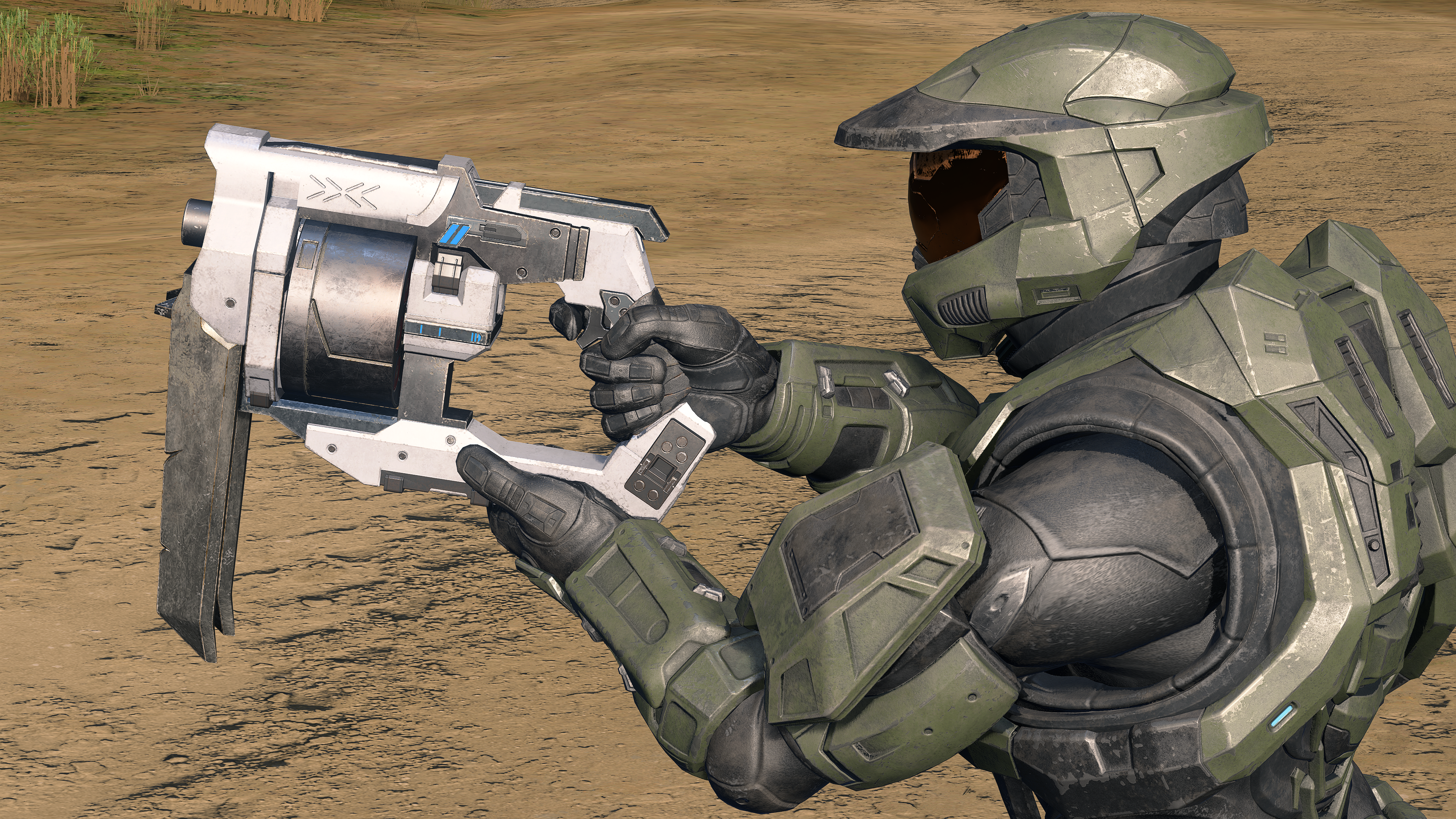 A MKVI-clad Spartan holding a Riven Mangler in Halo Infinite.
