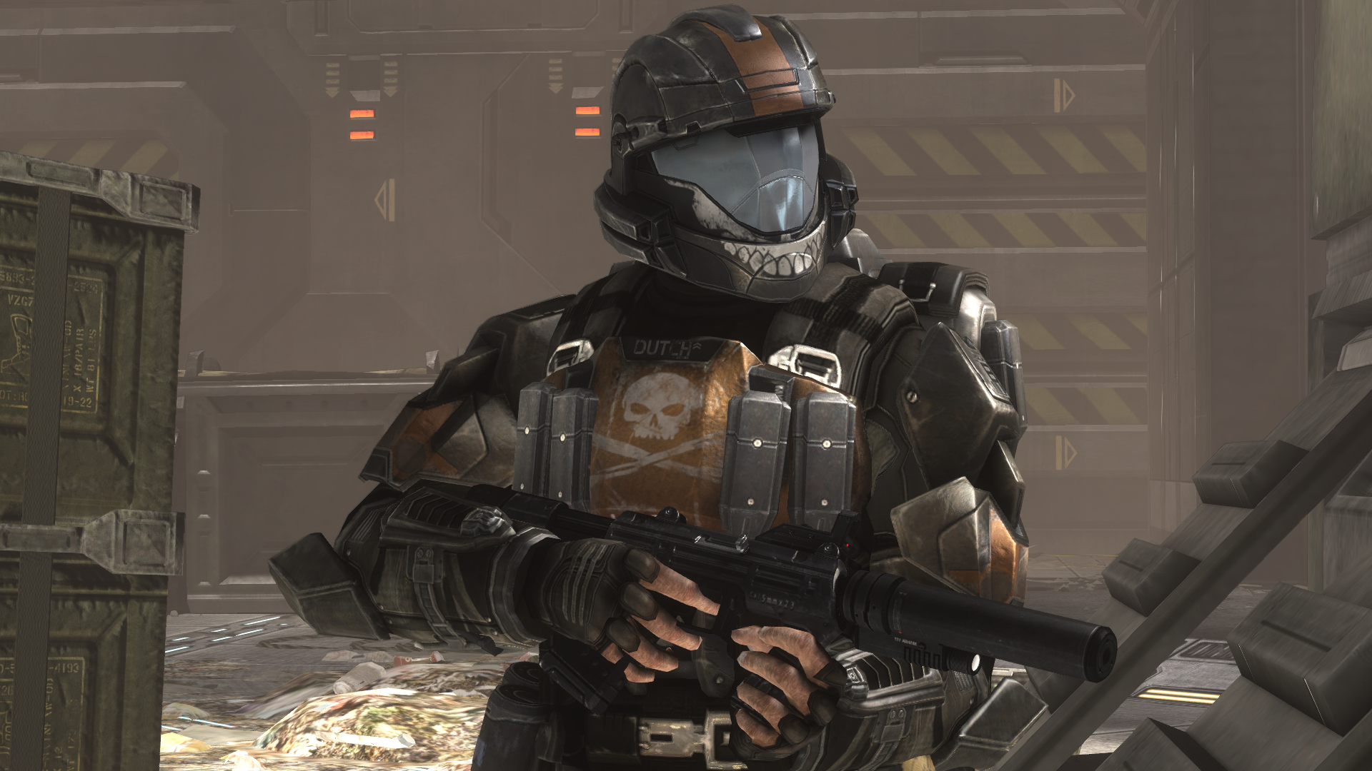 Orbital Drop Shock Trooper Taylor Miles wielding an M7S SMG at New Mombasa Sector 4 during Battle of New Mombasa. From the Halo: The Master Chief Collection version of Halo 3: ODST campaign level Kizingo Boulevard.