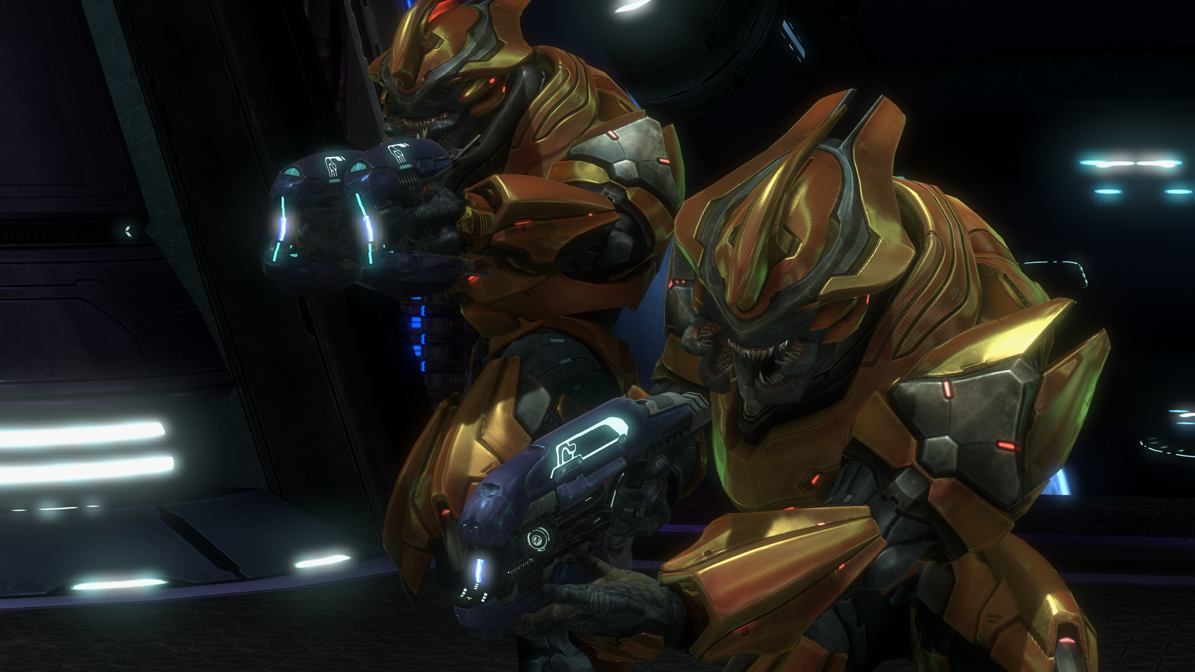 Sangheili Officers with Nakata'vho-pattern plasma repeater and Okarda'phaa-pattern plasma rifles during Operation: UPPER CUT. From Halo: Reach campaign level Long Night of Solace.