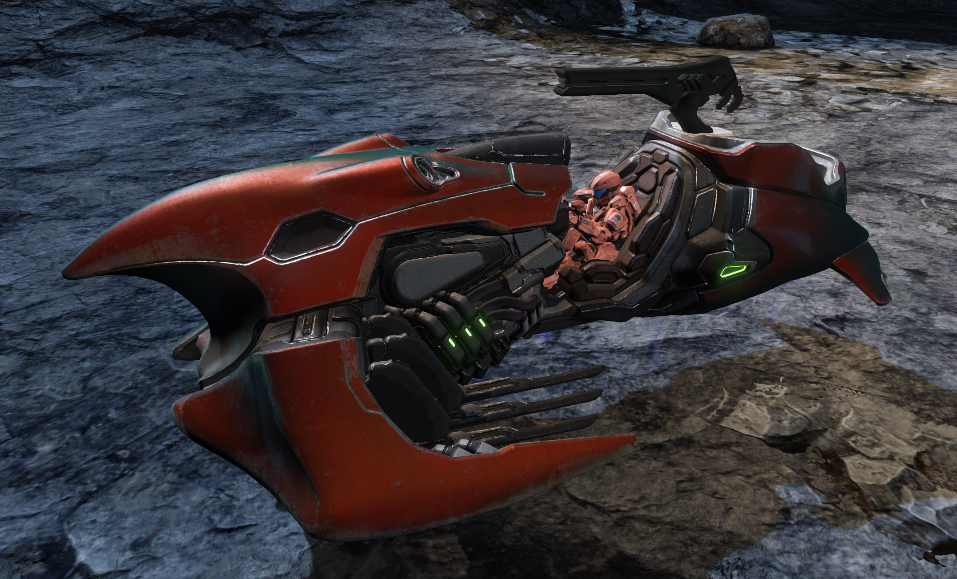 A Recruit-clad Spartan driving a Phelent-pattern Revenant modded into Halo 4 on the map Impact.