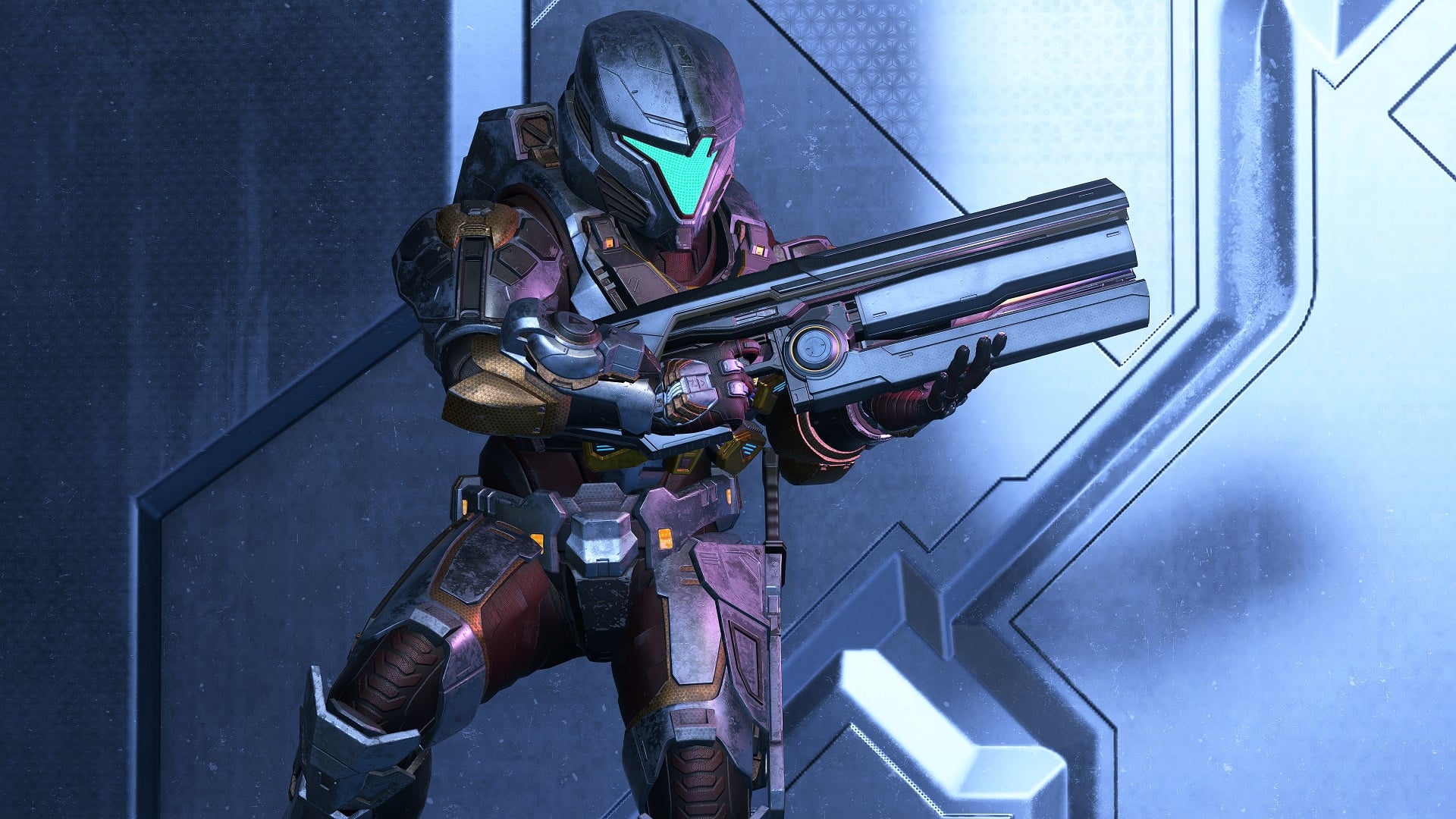 Halo Infinite screenshot of a Spartan outfitted in the "Sundered Star" armor coating and wielding a Heatwave