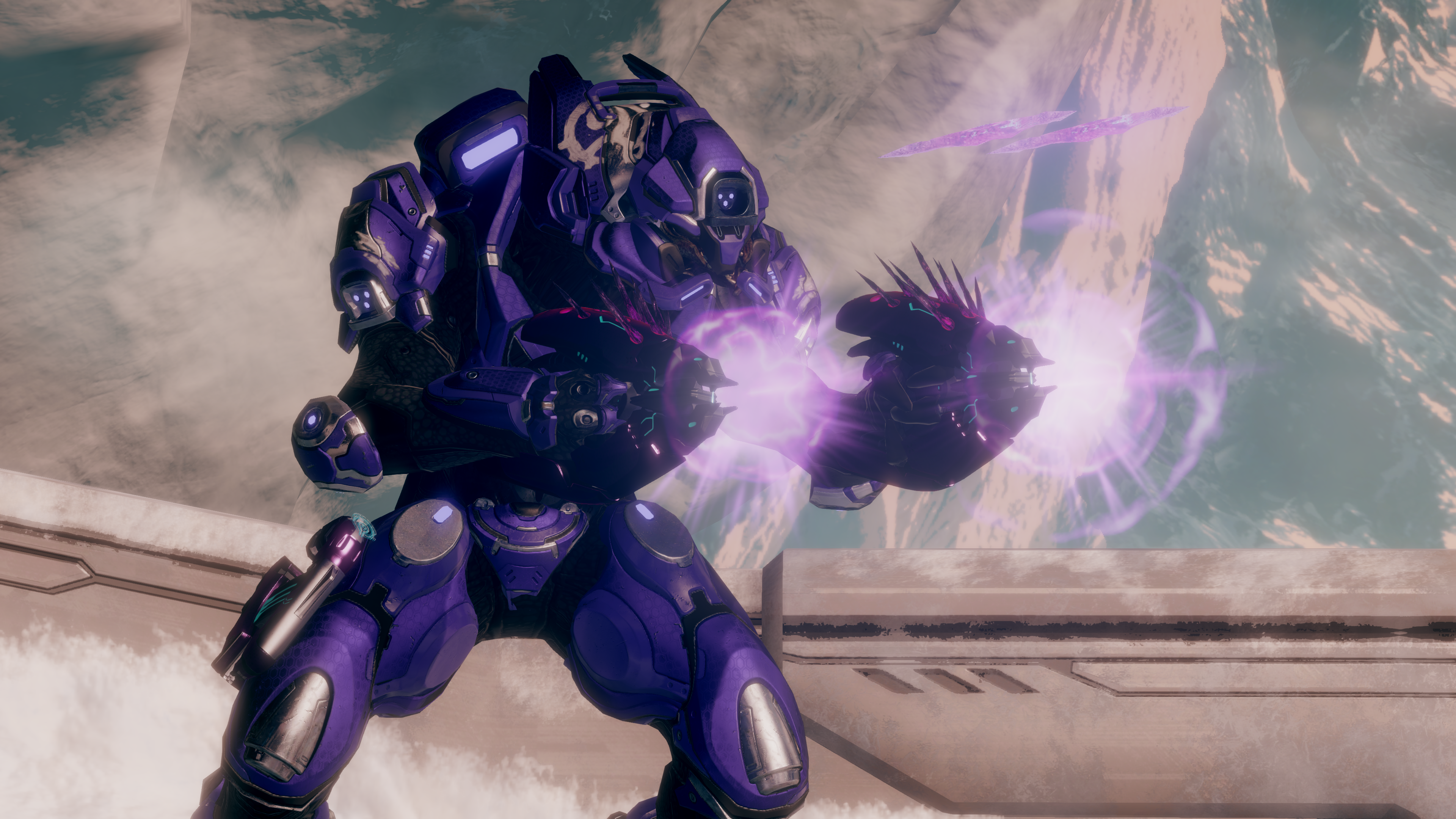 An Elite clad in outrider harness and dual wielding Nahle'hax-pattern needlers on the Halo 2: Anniversary multiplayer map Lockdown.