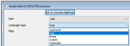 Scenario tag campaign type dropdown selection, showing 'Hub', 'Linear', 'Scene', and 'Cinematic'.