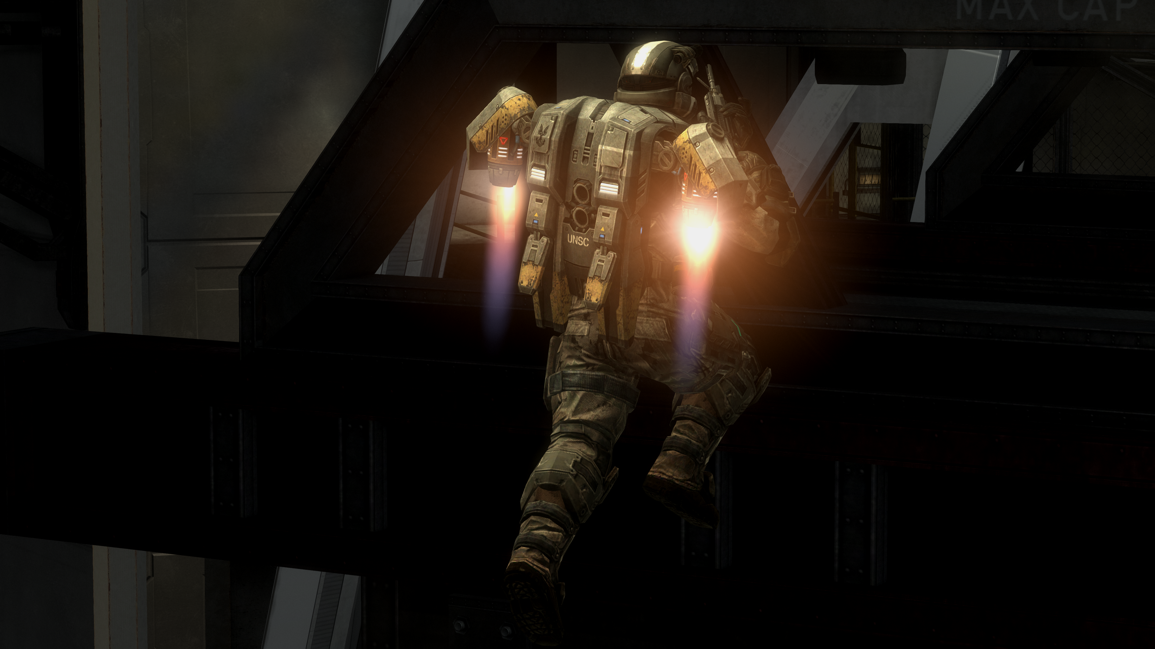 A view of the Series 8 jetpack on the back of an ODST Bullfrogs specialist during Siege of New Alexandria. From Halo: Reach campaign level Exodus.