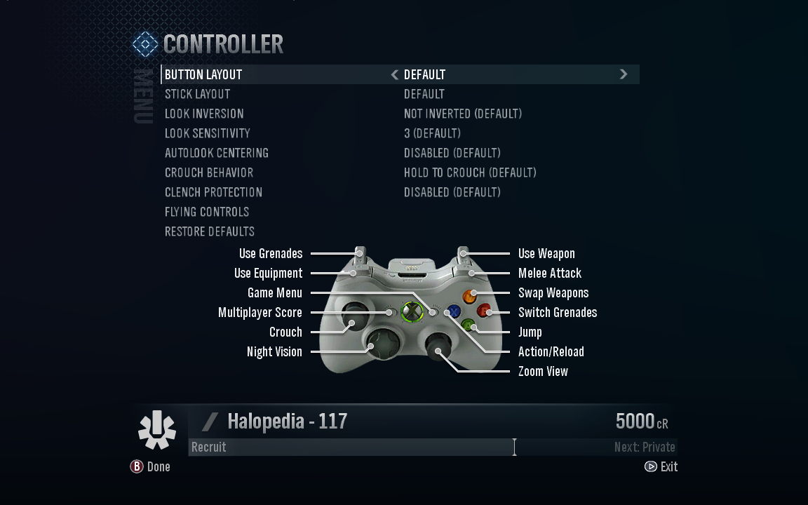 A screenshot of "Button Layout" set to "Default" in the Halo: Reach settings menu.Behind the game pause menu is pitch black.Note: The screenshot was taken from the emulator Xenia.