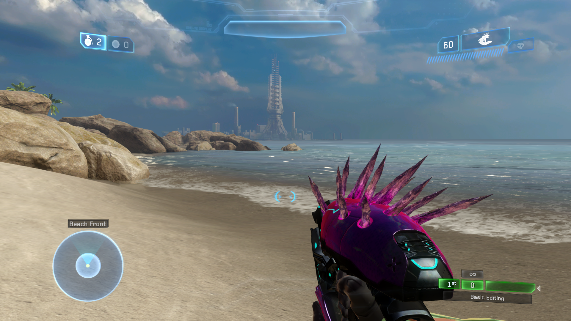 A first-person view of the needler in Halo 2: Anniversary multiplayer.