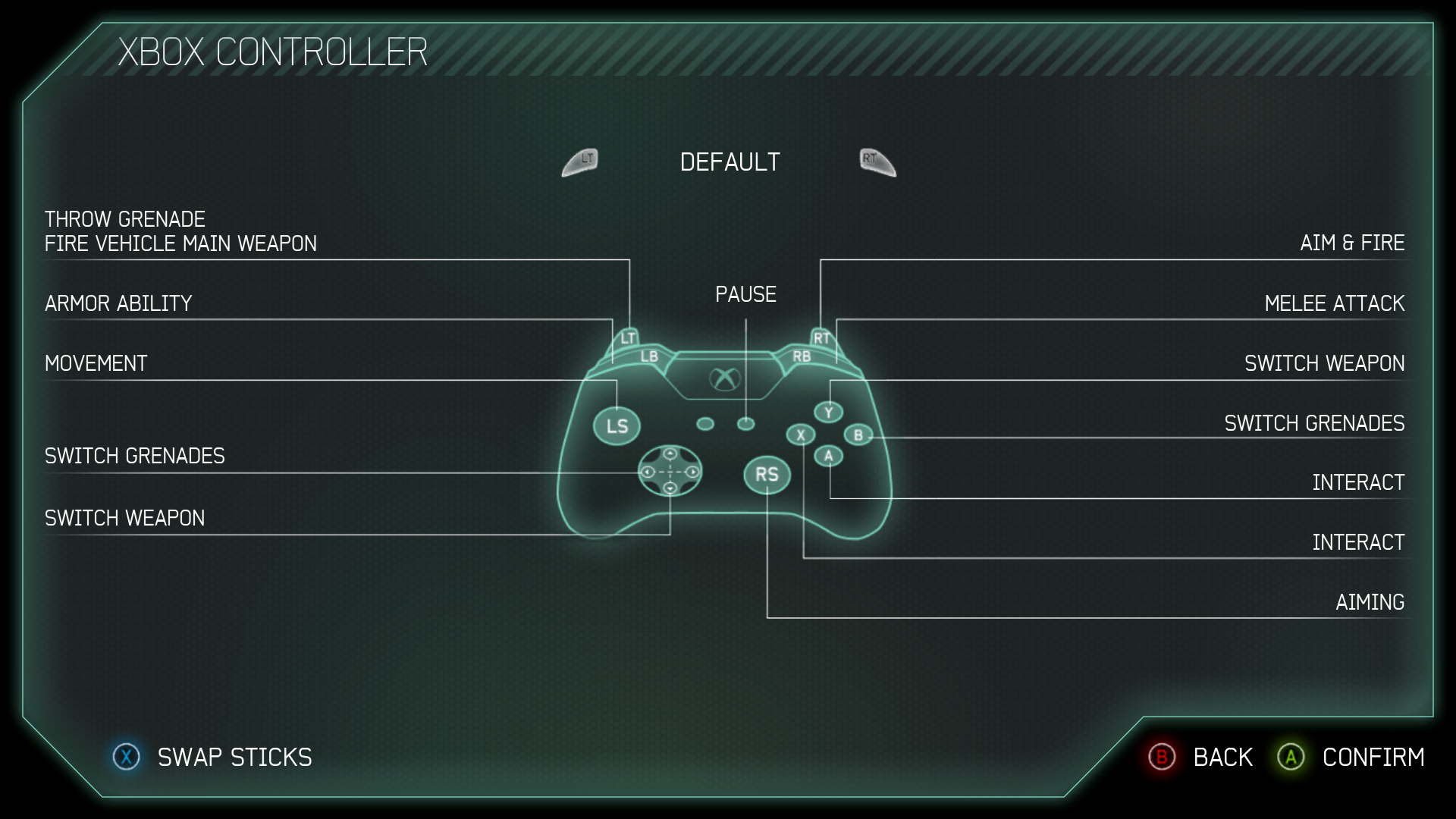 A screenshot of the selected “DEFAULT” and stick layout is set by default in the “CHANGE CONTROLS” (“SELECT INPUT METHOD”: Controller) setting menu of Halo: Spartan Strike (Windows) (Steam).