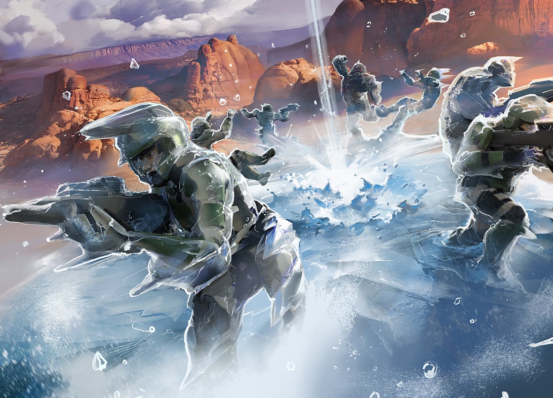Blitz card artwork depicting UNSC Marines caught in the blast of a cryobomb.