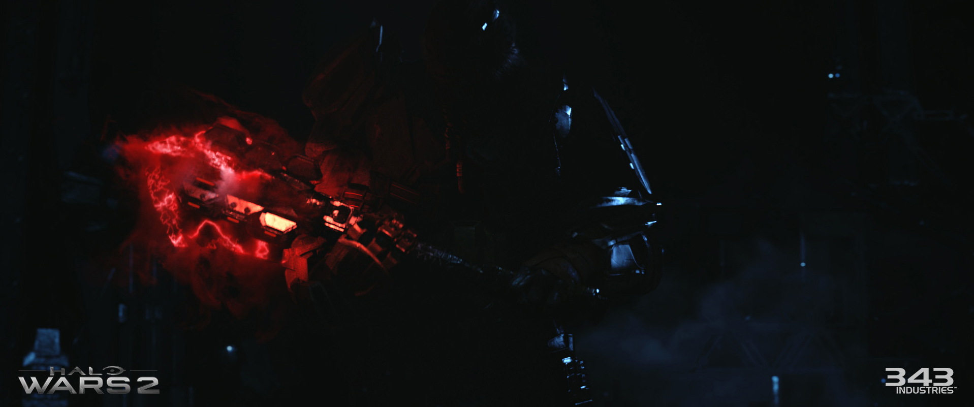 A closeup of Atriox wielding Chainbreaker in the Halo Wars 2: Announce Teaser.