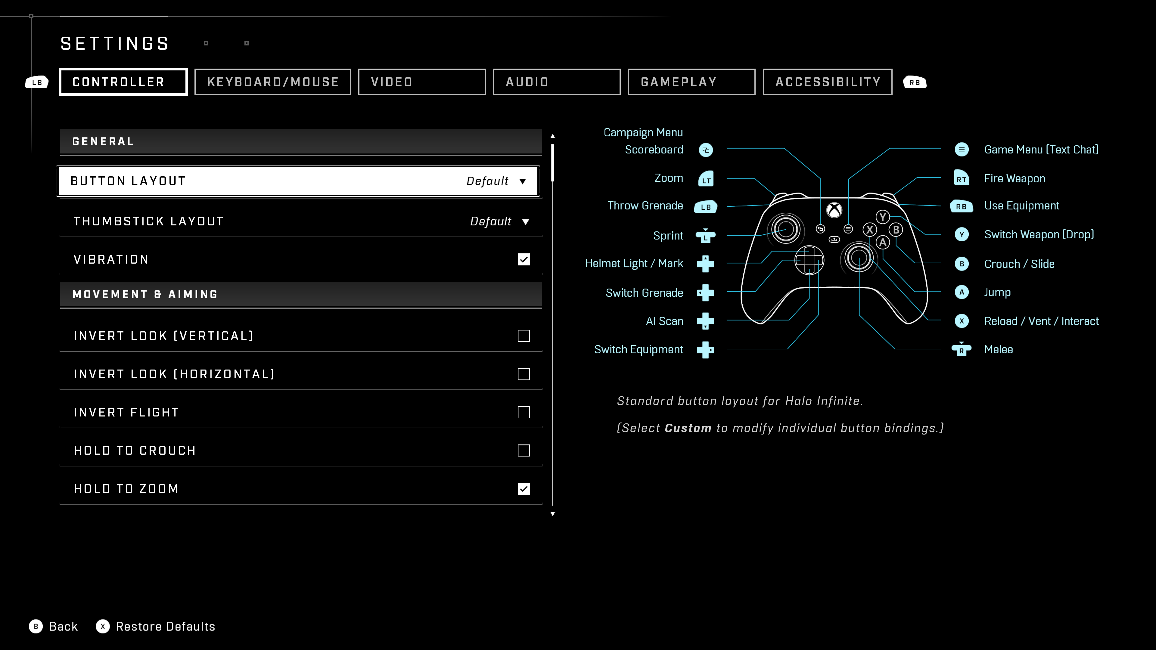 A screenshot of "Button Layout" set to "Default" in the Halo Infinite  (Windows) settings menu.Behind the game pause menu is pitch black.