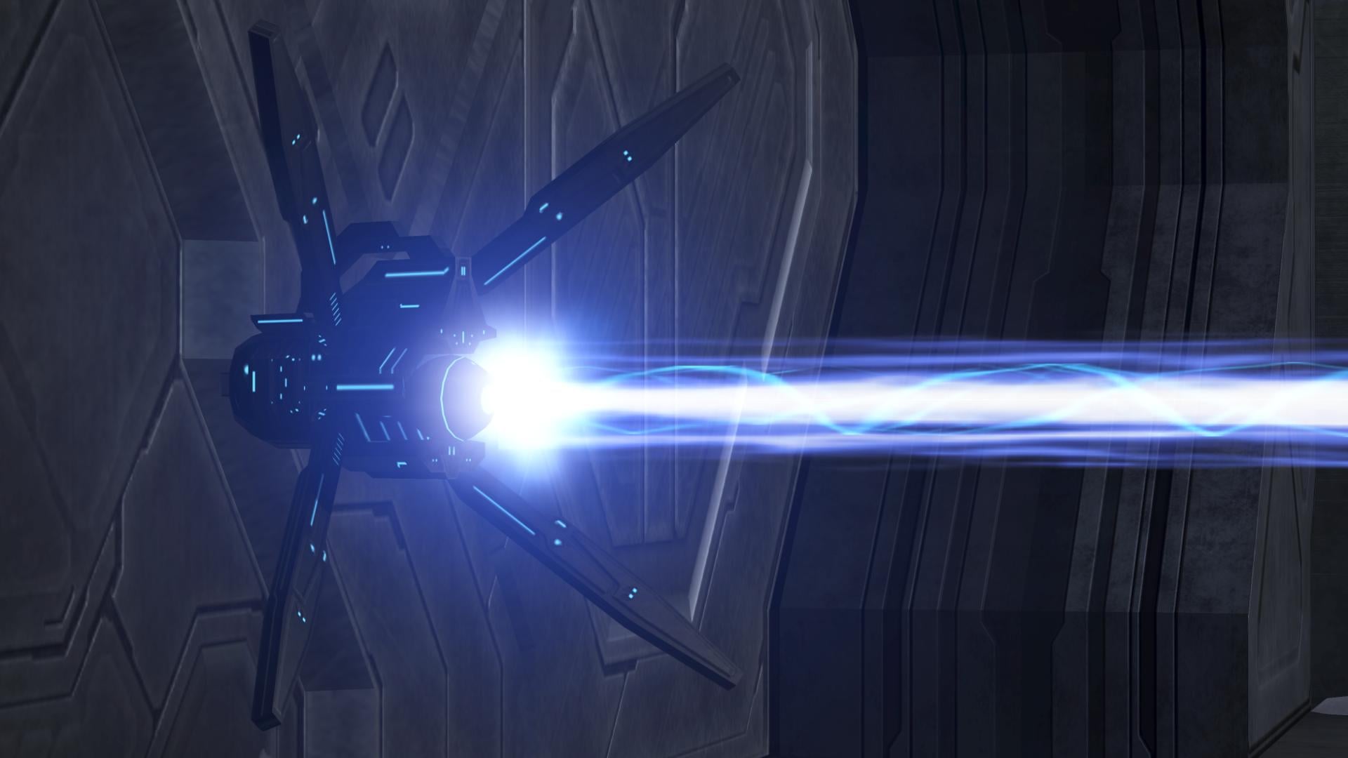 A close-up screenshot of a Forerunner automated turret firing outside the Control Room on the level Halo.