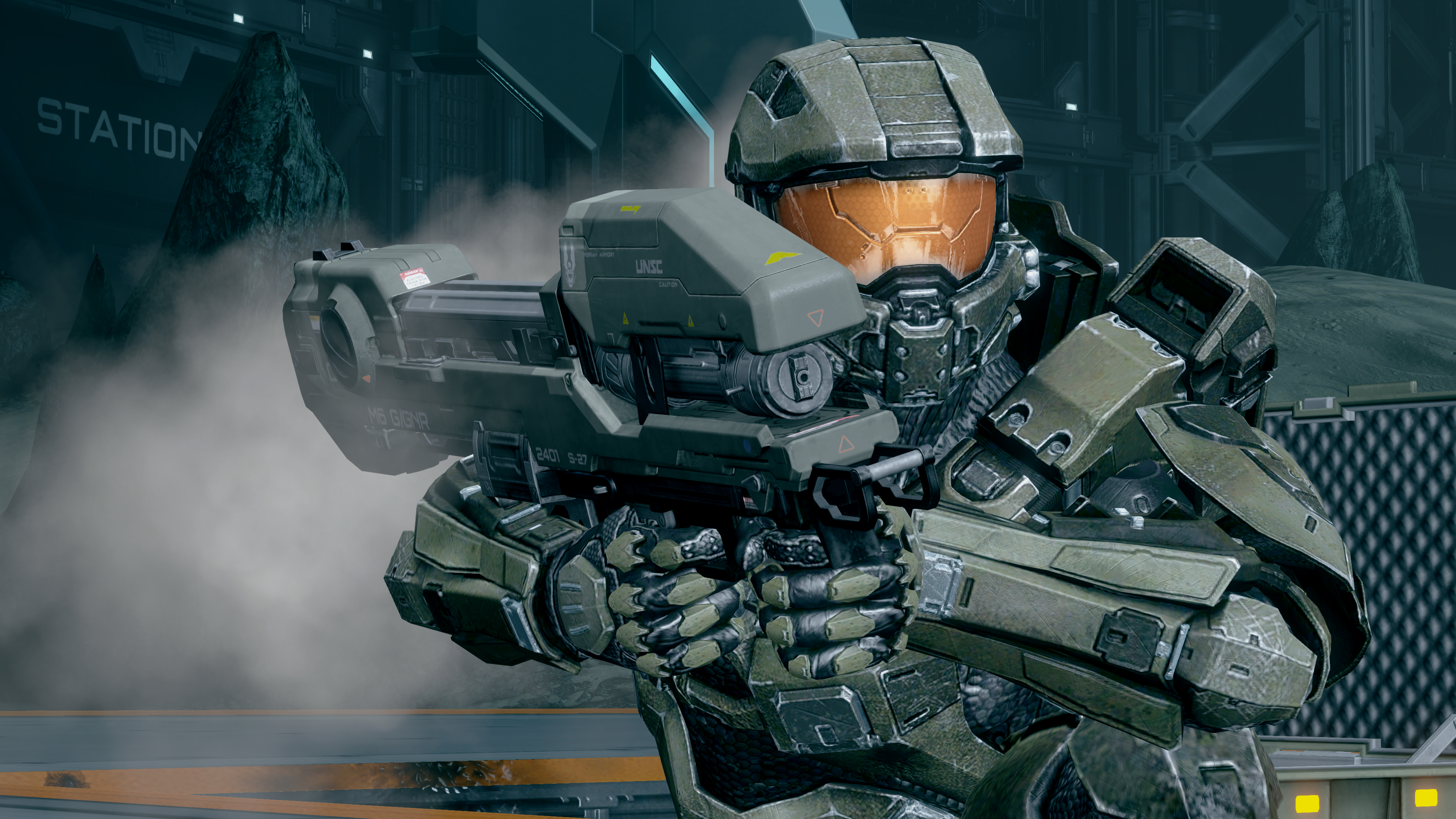 John-117 with an M6/X Spartan Laser during the Raid on Ivanoff Station. From Halo 4 campaign level Composer.