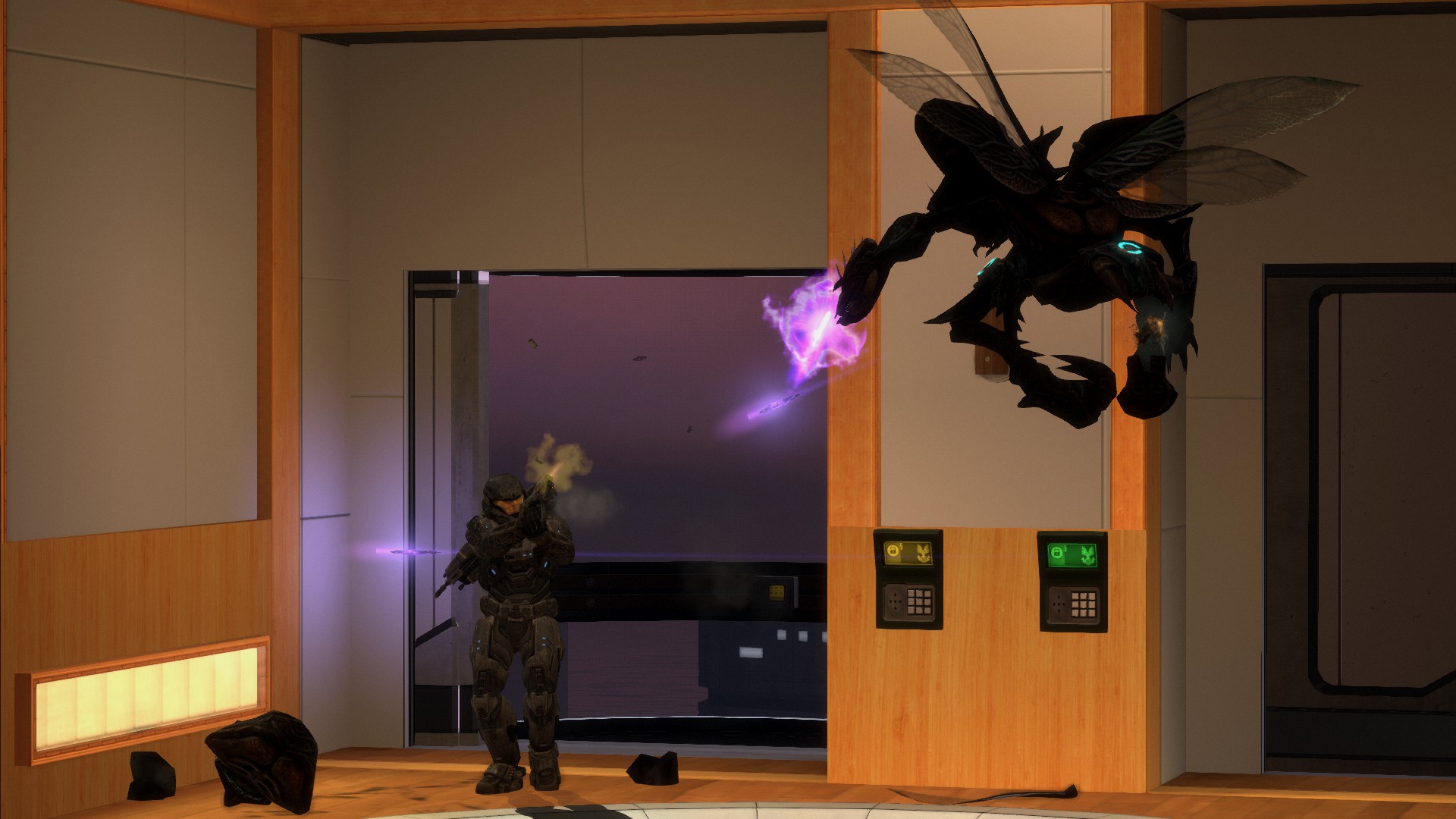 A Yanme'e firing the needler at SPARTAN-B312.
