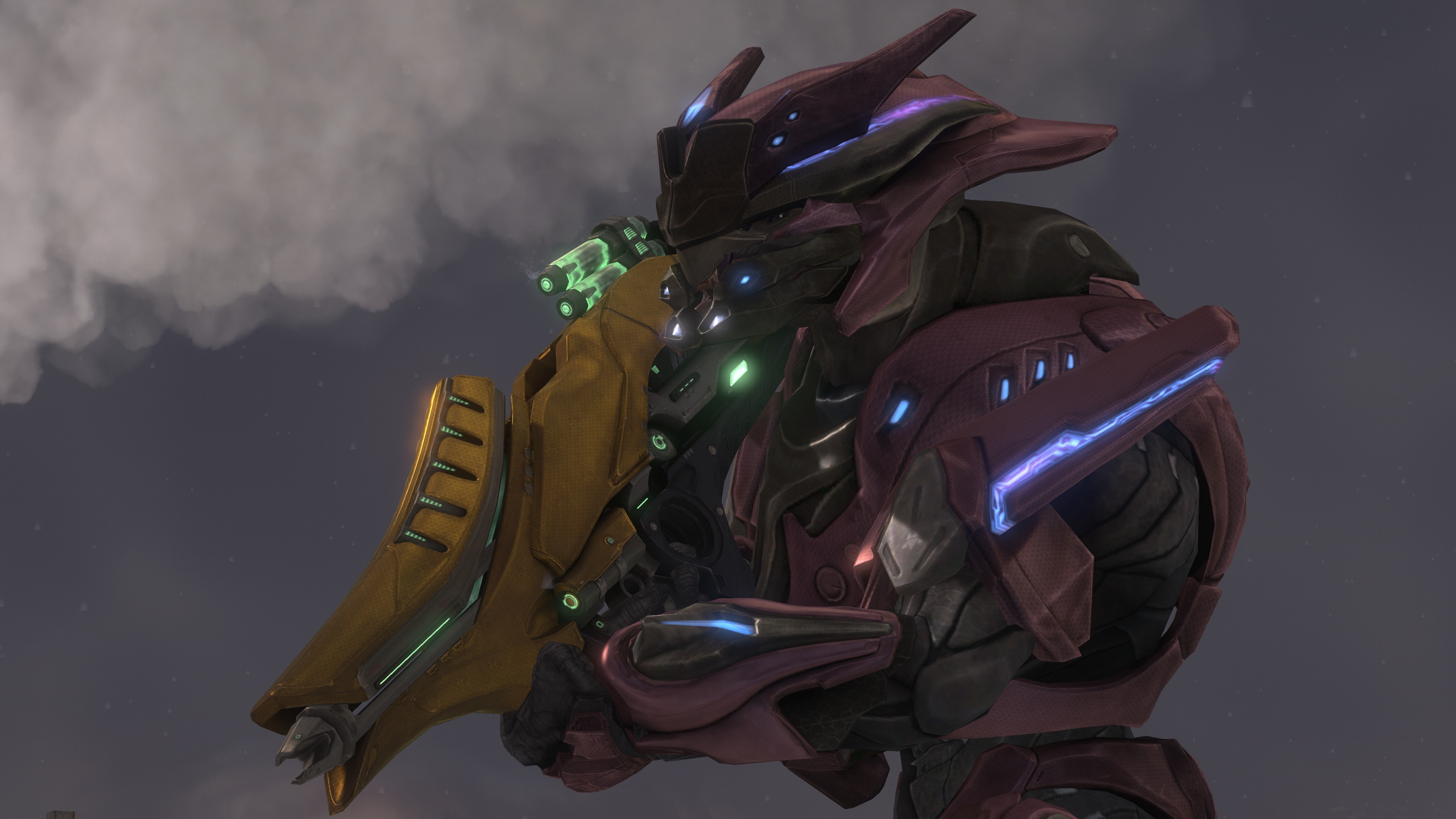 A Sangheili Field Marshal wielding a Korva-pattern fuel rod gun at Platform Delta in the Asźod ship breaking yards during Battle of Asźod. From the Halo: The Master Chief Collection version of Halo: Reach campaign level The Pillar of Autumn.