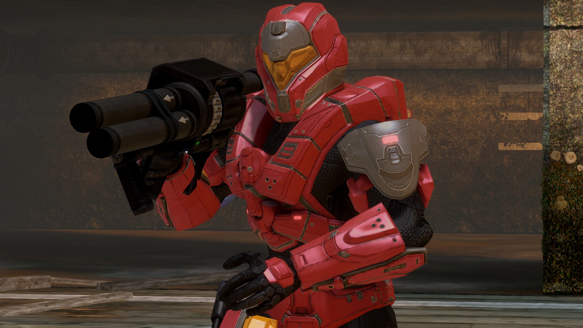 In the Halo 3 multiplayer map Longshore, a Spartan-II, clad in the TANKER-class Mjolnir variant, is wielding an M41 SPNKR. Screenshot from Halo: The Master Chief Collection.