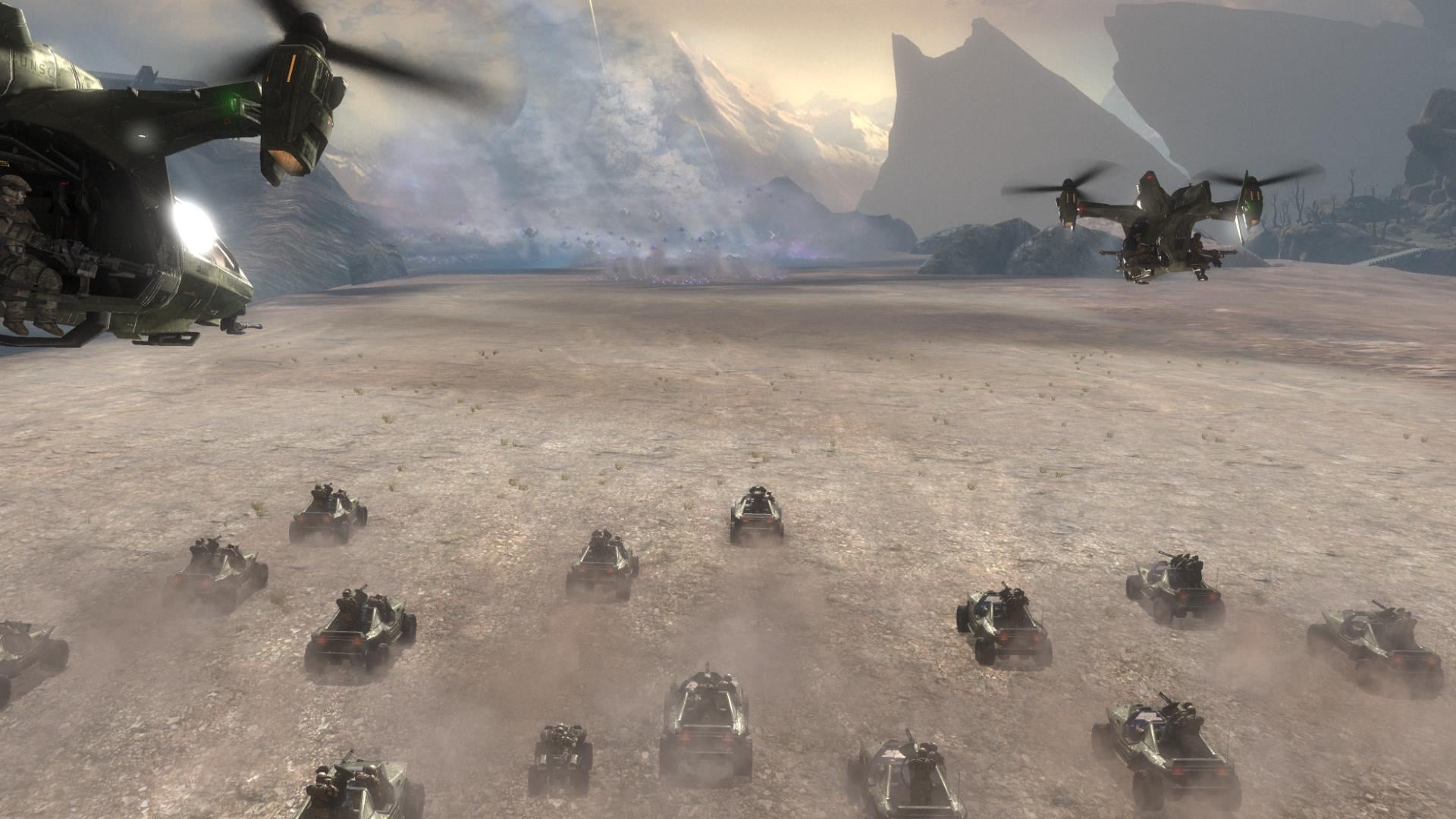 A screenshot of a large UNSC Army armoured convoy attacking a Covenant landing site in the opening cutscene for Tip of the Spear.