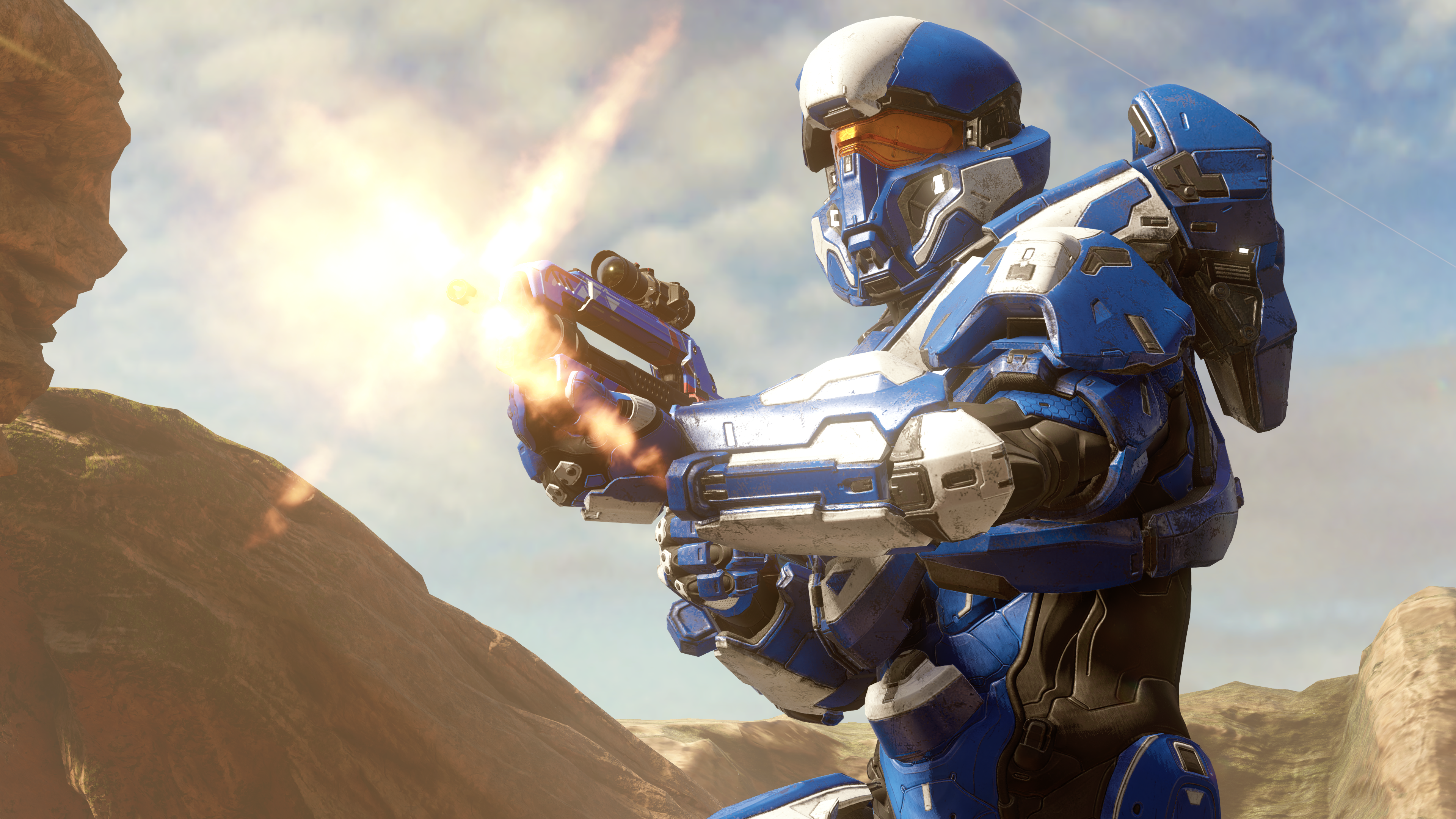 A Reaper-clad Spartan-IV firing a Classic BR85 battle rifle on Halo 5: Guardians multiplayer map Attack on Sanctum.