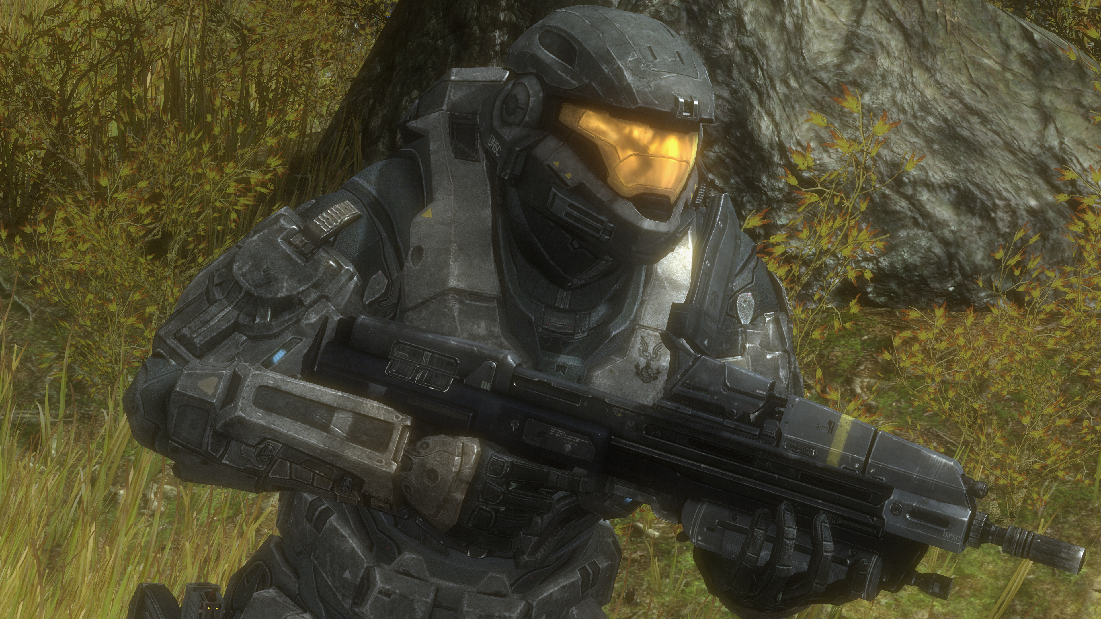 SPARTAN-B312 with an MA37 assault rifle during the Battle of Visegrád. From Halo: Reach campaign level Winter Contingency.