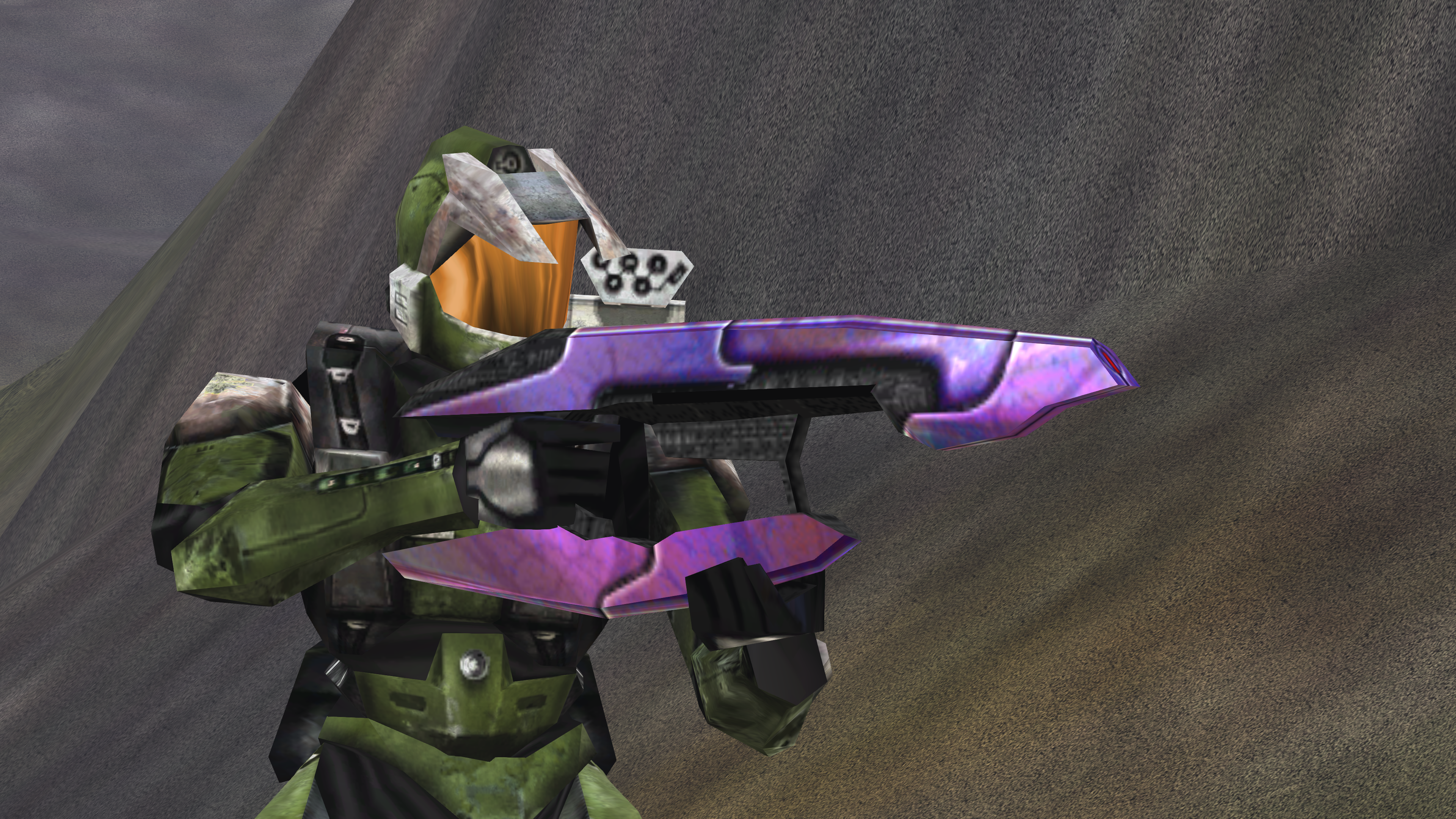 A screenshot of John-117 in ORION armor carrying the 1999-era Particle beam rifle restored by the Digsite team.