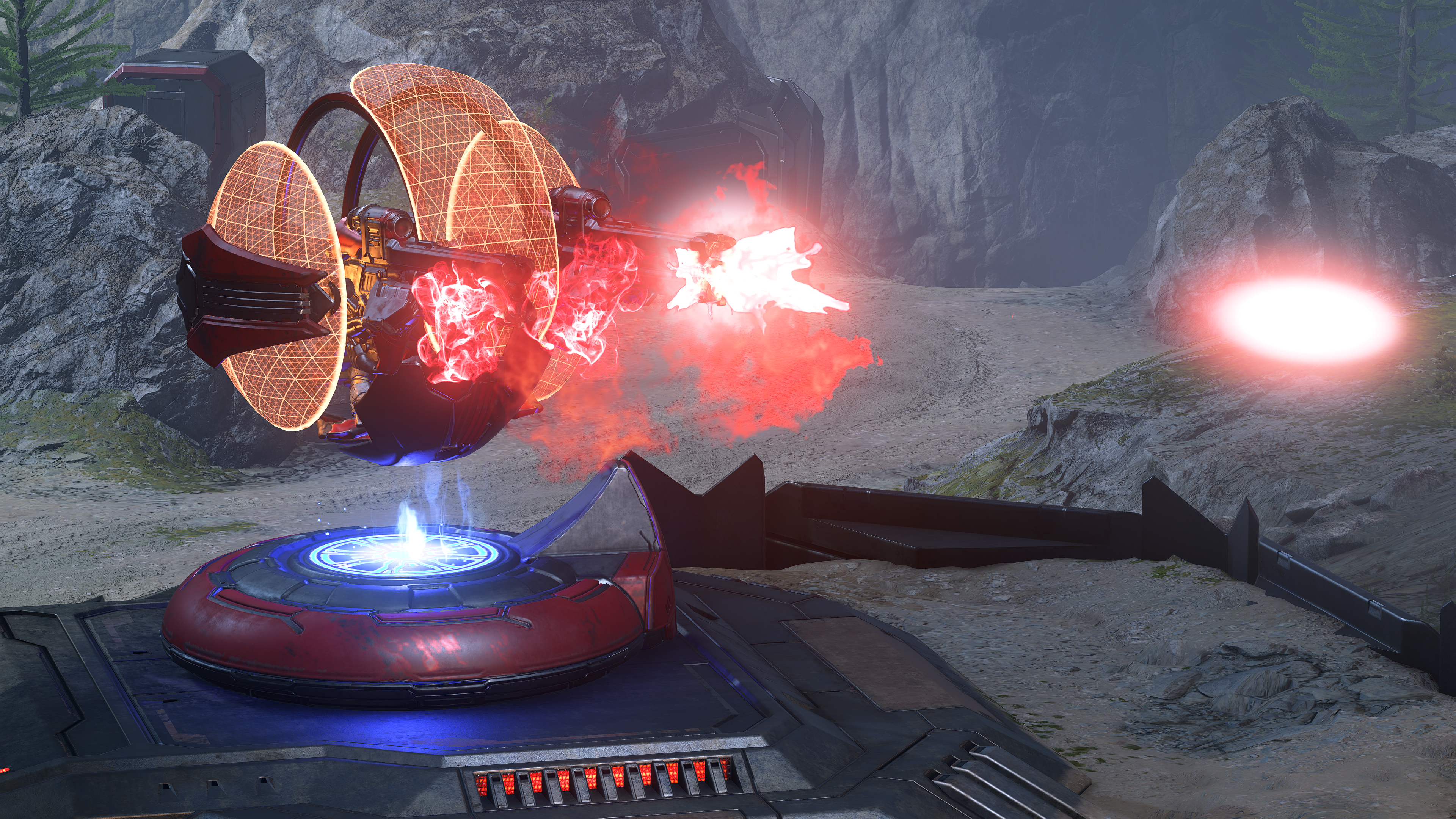 A Bolroci Workshop Shade firing its plasma cannons on Halo Infinite multiplayer map Deadlock.