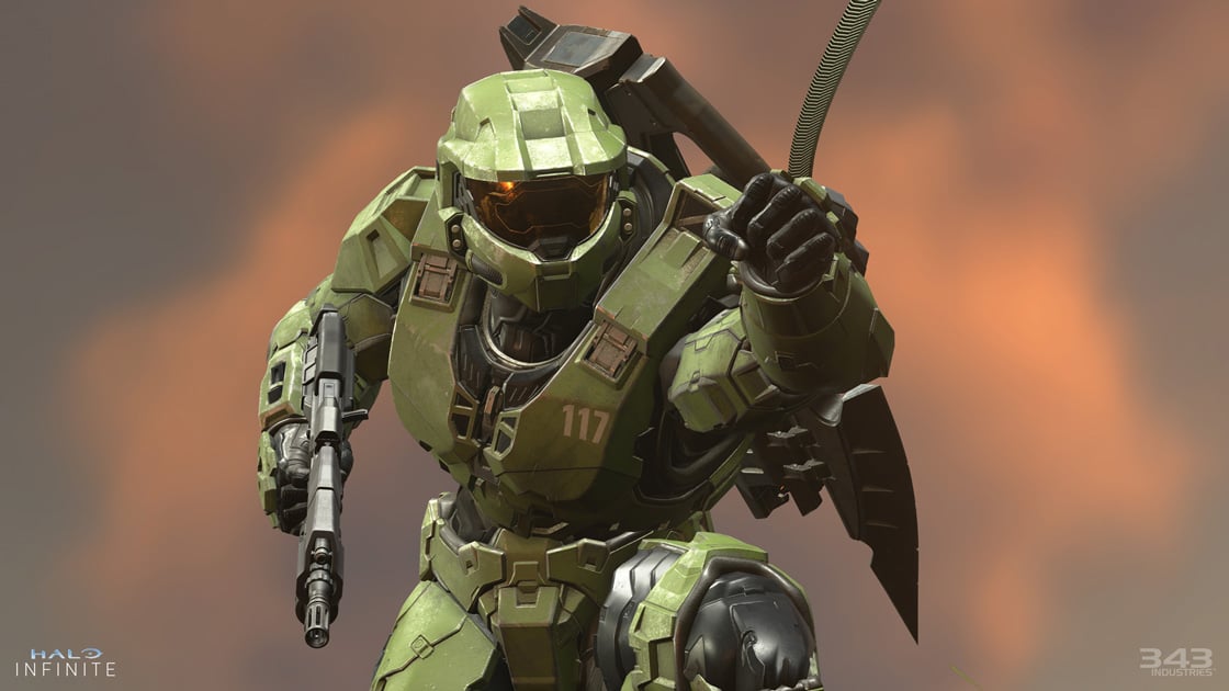 A high-resolution image of the iconic Master Chief from the Halo series, clad in his Mjolnir Infinite armor. He is depicted holding his helmet under his arm and gripping a grappling hook, with the number 117 emblazoned on his chest plate. An orange, cloud-filled sky serves as the backdrop, highlighting the detail and design of the armor.