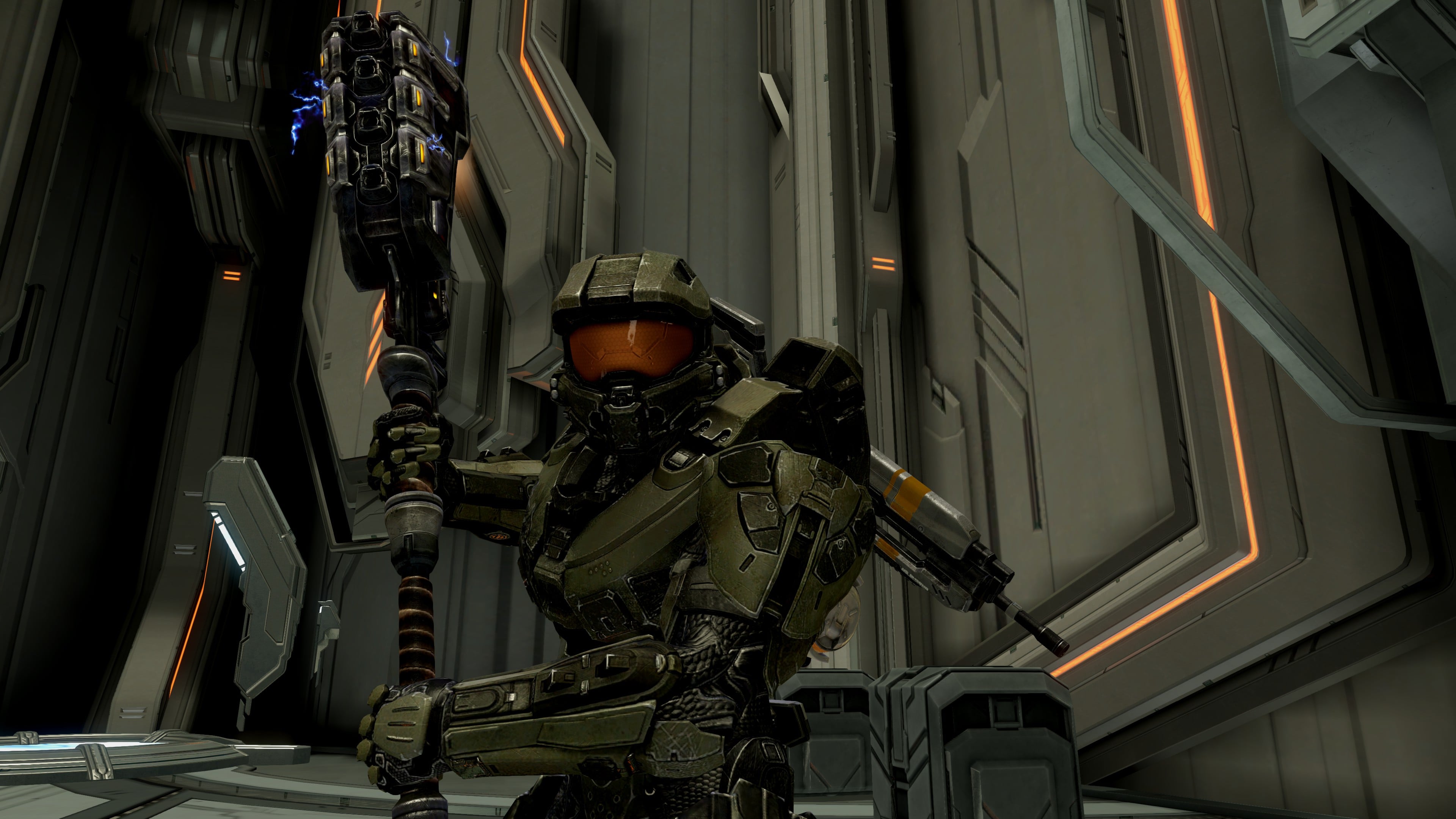 John-117 wielding a Paegaas Workshop gravity hammer onboard Mantle's Approach during the New Phoenix Incident. From Halo 4 campaign level Midnight.