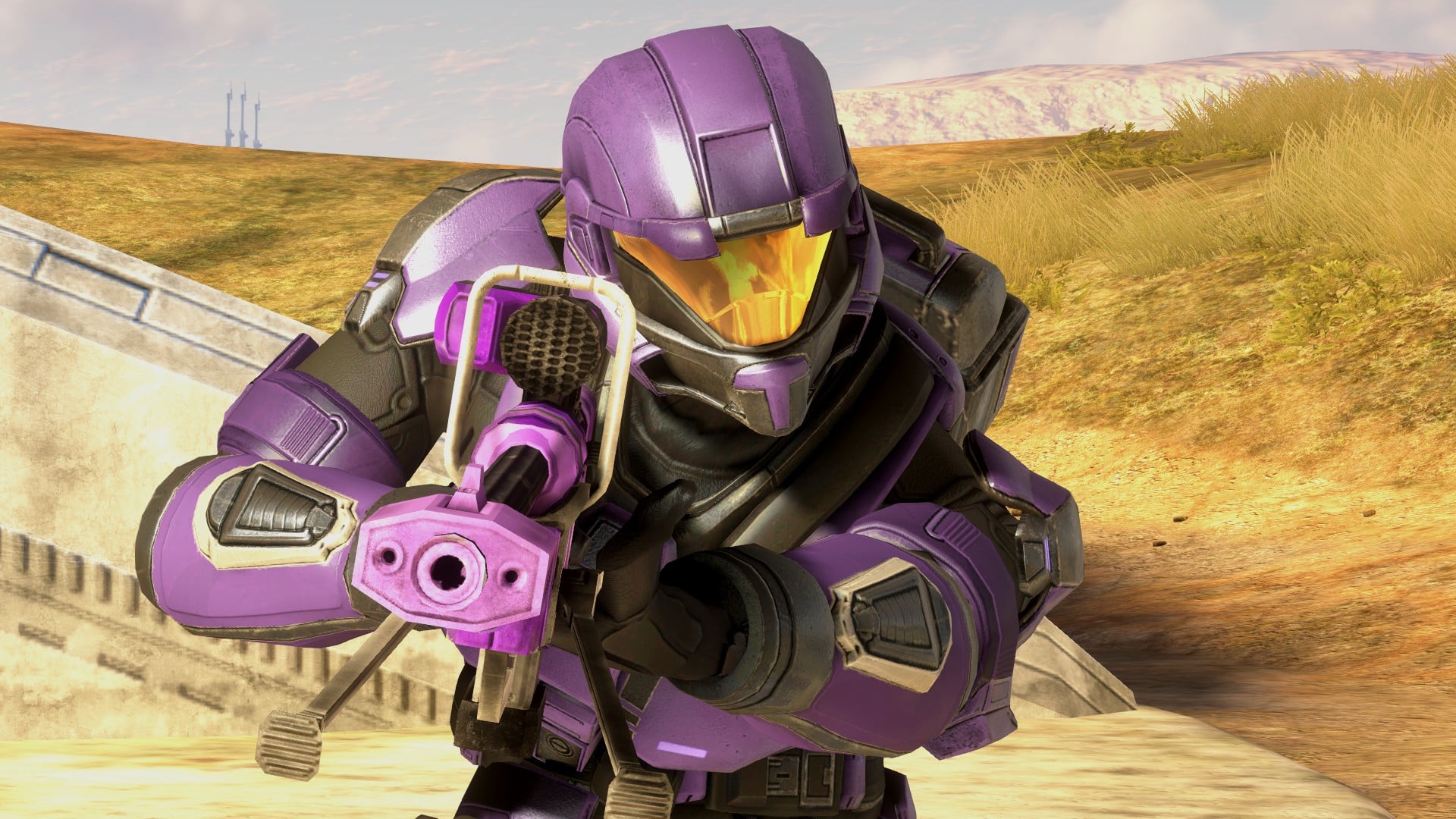 In the Halo 3 multiplayer map Standoff, a Spartan-II, clad in the ODST armor/DEMO variant, is wielding an SRS99D-S2 AM sniper rifle, which is employing the Amethyst Raven skin introduced in Series 6: Raven from Halo: The Master Chief Collection.