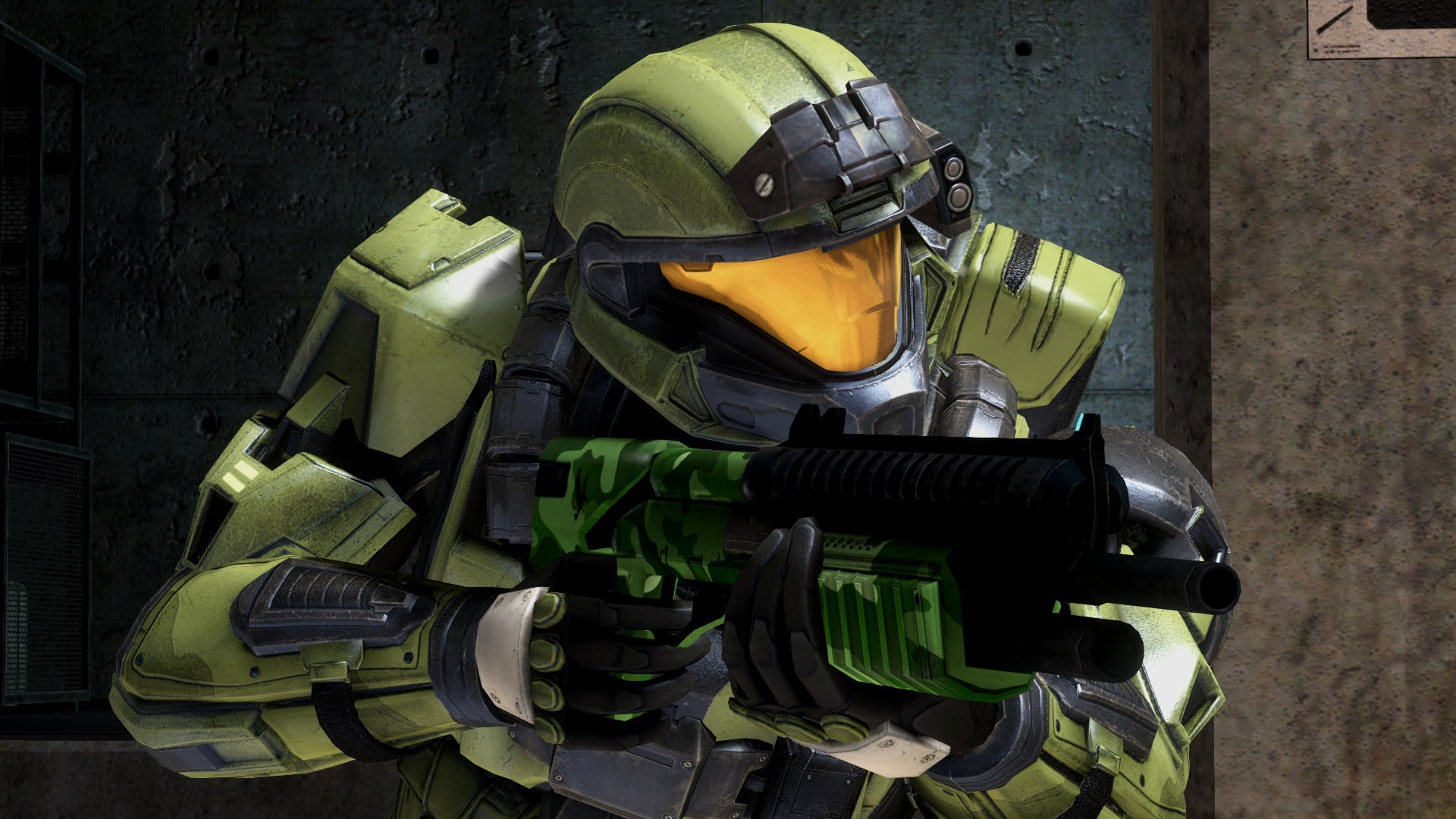 In the Halo 3 multiplayer map High Ground, a Spartan-II, clad in the ODST armor/HVY variant, is wielding an M90A shotgun, which is employing the Sapphire Raven skin introduced in Series 6: Raven from Halo: The Master Chief Collection.