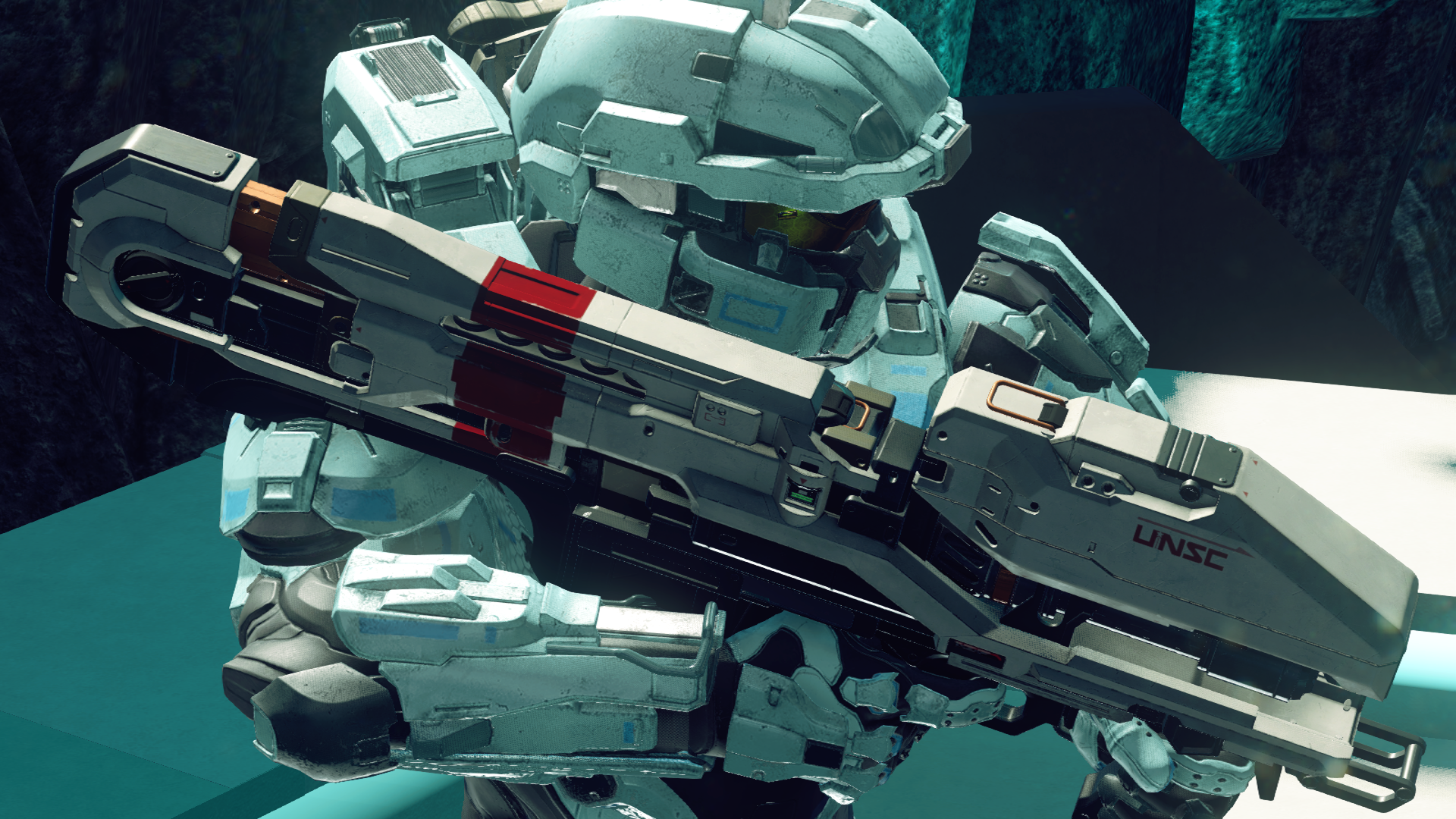 A Centurion-clad Spartan-IV with an overheated M6/E Spartan Laser in Halo 5: Guardians.
