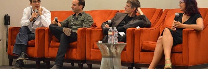 Photo of Elan Lee, Kristen Rutherford, Sean Stewart and Jim Stewartson talking about I Love Bees during ARG fest in 2014.