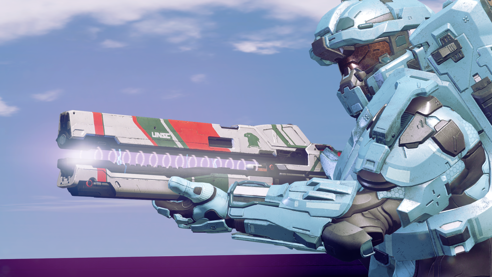 A Centurion-clad Spartan-IV charging up Arclight in Halo 5: Guardians.