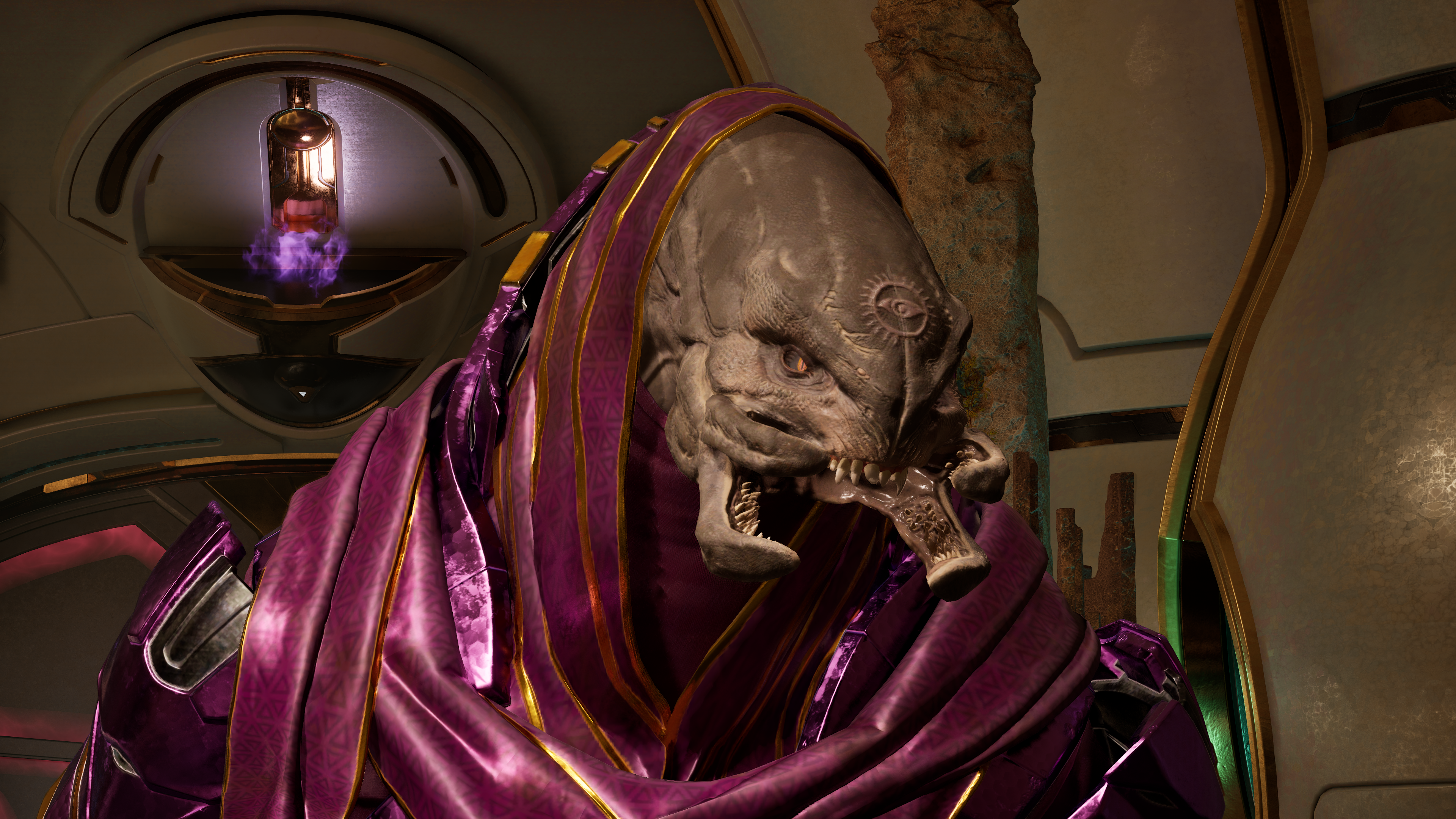 A Sangheili Sacristan Sangheili Sanctum Cleric aboard the Triumph of Tolerance during Operation: METEORITE. Screenshot taken from Halo: Campaign Evolved campaign level Heavy Burden.