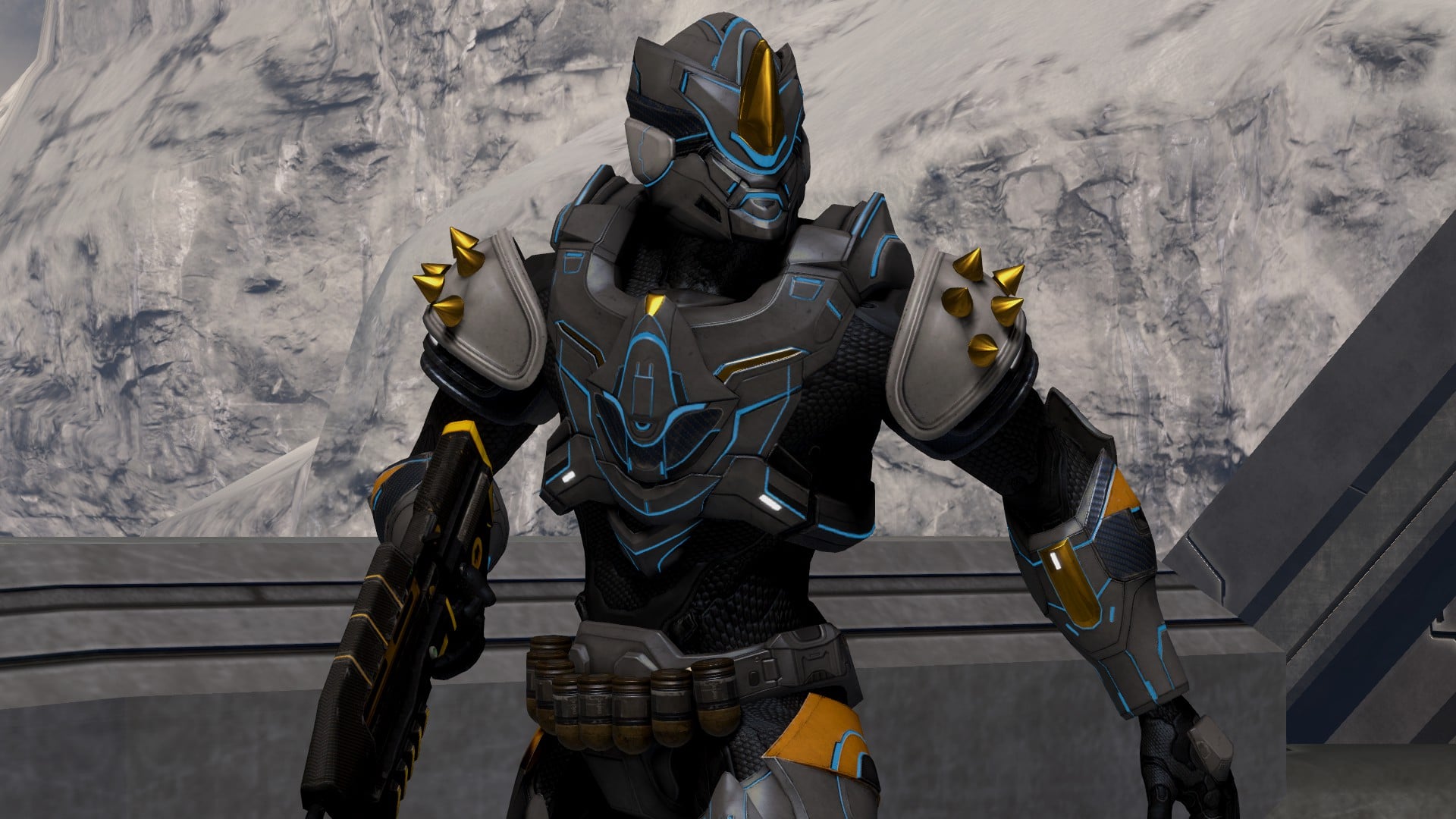 In the Halo 3 multiplayer map Narrows, a Spartan-II, clad in the RHINE-class Mjolnir variant, is wielding a BR55HB battle rifle. Screenshot from Halo: The Master Chief Collection.