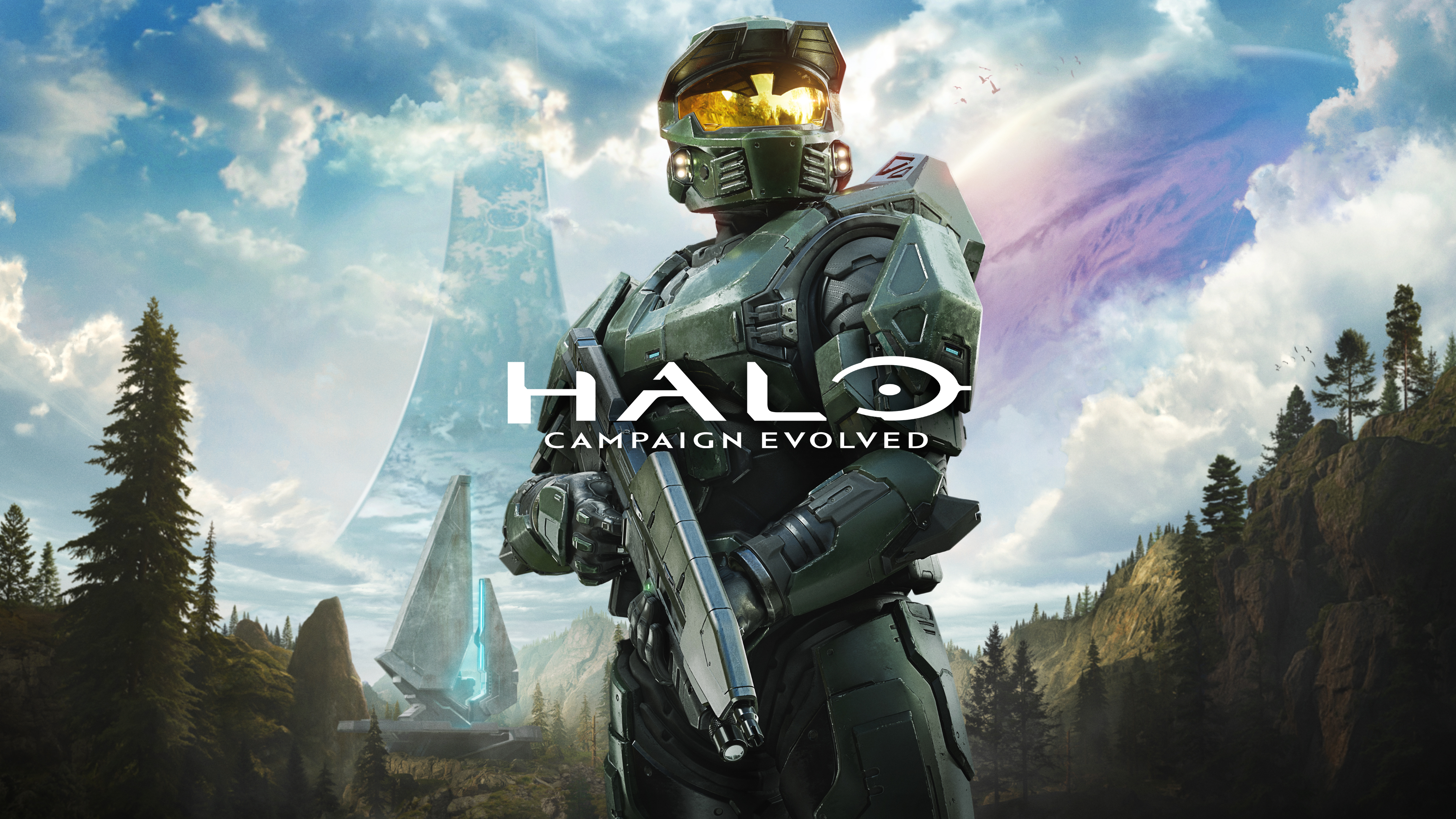 Master Chief w leśnej scenerii pierścienia Halo, oficjalna grafika kluczowa Halo: Campaign Evolved