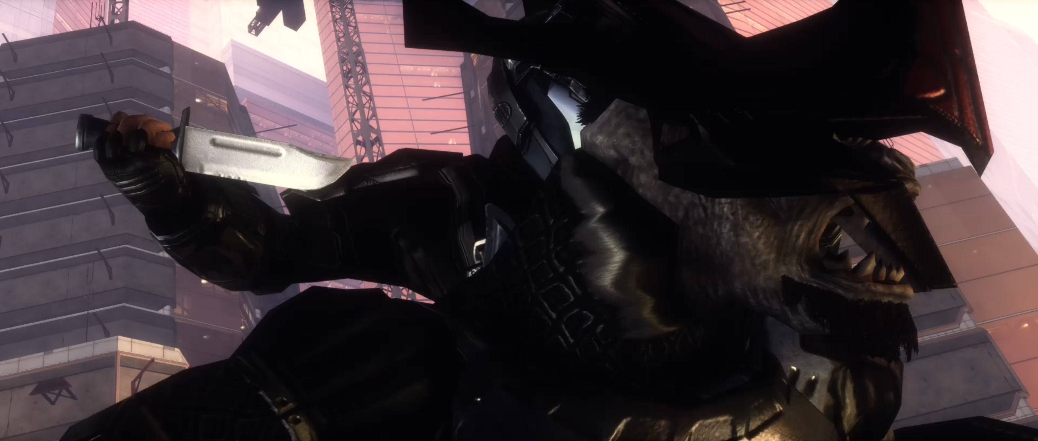 ODST Edward Buck prepares to stab the Jiralhanae Chieftain Bracktanus in the neck with his combat knife during the later stages of the Battle of Mombasa. From the final cutscene of NMPD HQ.