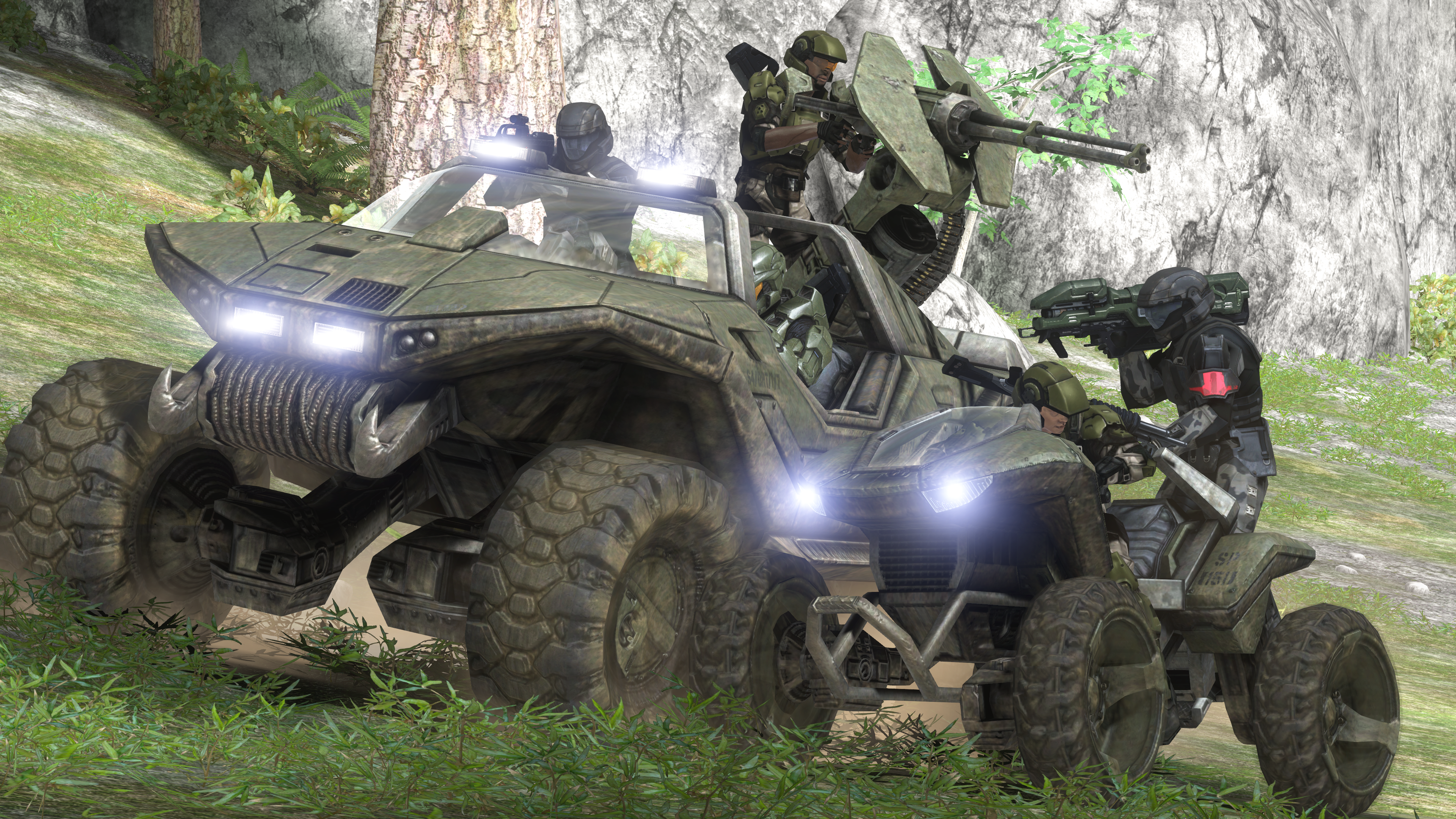 An M12 Warthog and an M274 Mongoose carrying John-117, two UNSC marines, and two Orbital Drop Shock Troopers on Installation 00. From Halo 3 campaign level The Covenant.