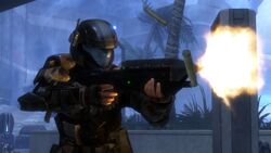 Alpha-Nine member Edward Buck firing his MA5C assault rifle in combat in New Mombasa Sector 6. From Halo 3: ODST campaign level Tayari Plaza.