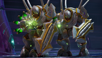 A Sacristan Mgalekgolo prepares to fire its assault cannon in Halo: Campaign Evolved.